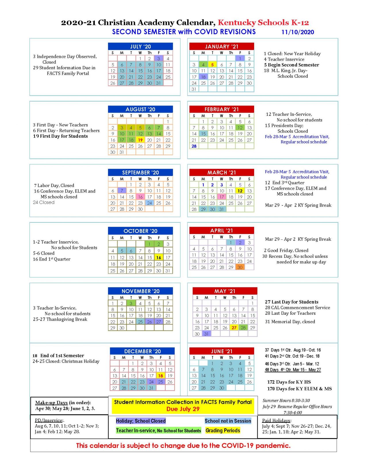 Calendars Christian Academy School System