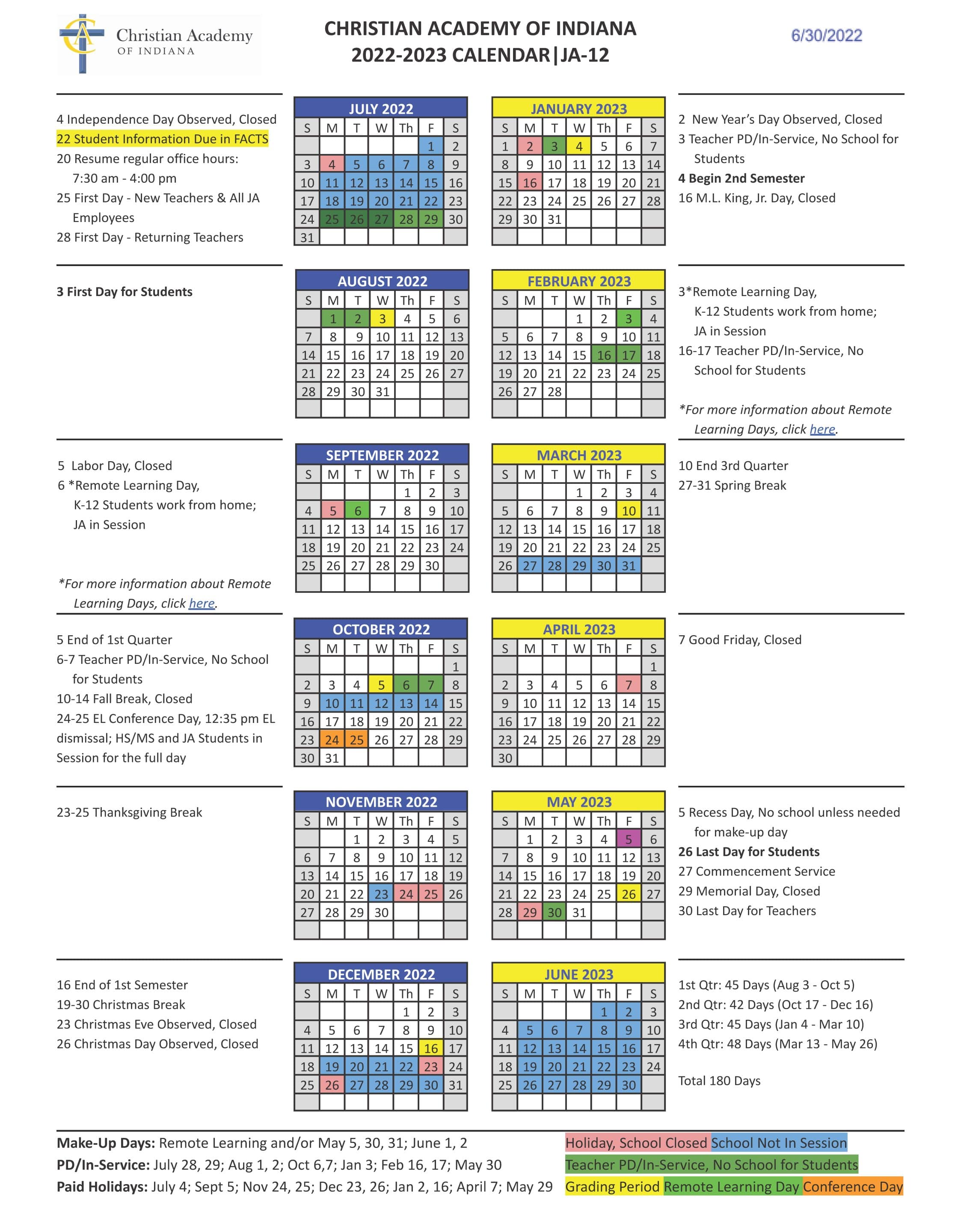 Christian Academy School System | Christian Academy of Indiana | 2022-2023 CAI Family Calendar