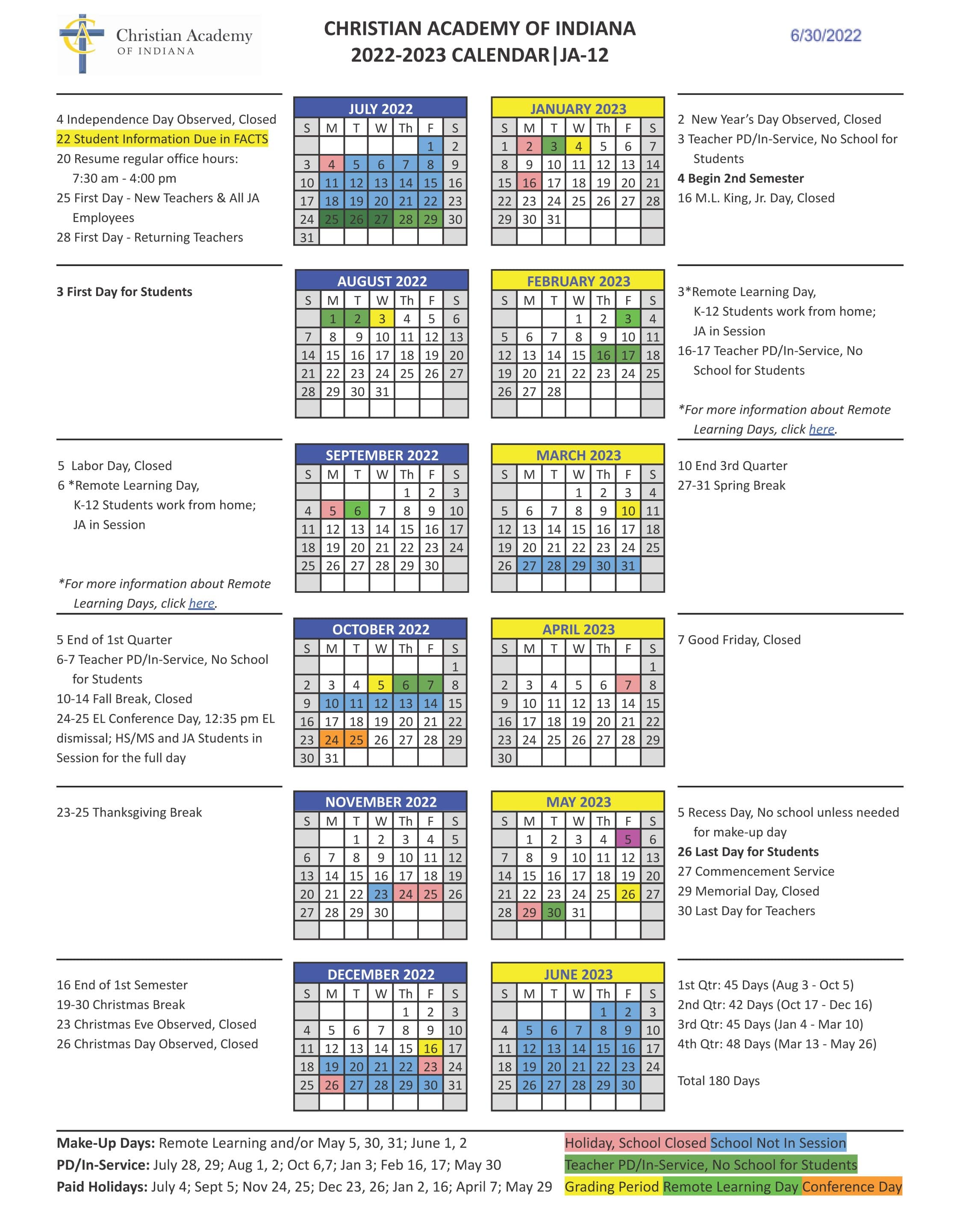 Calendars Christian Academy School System