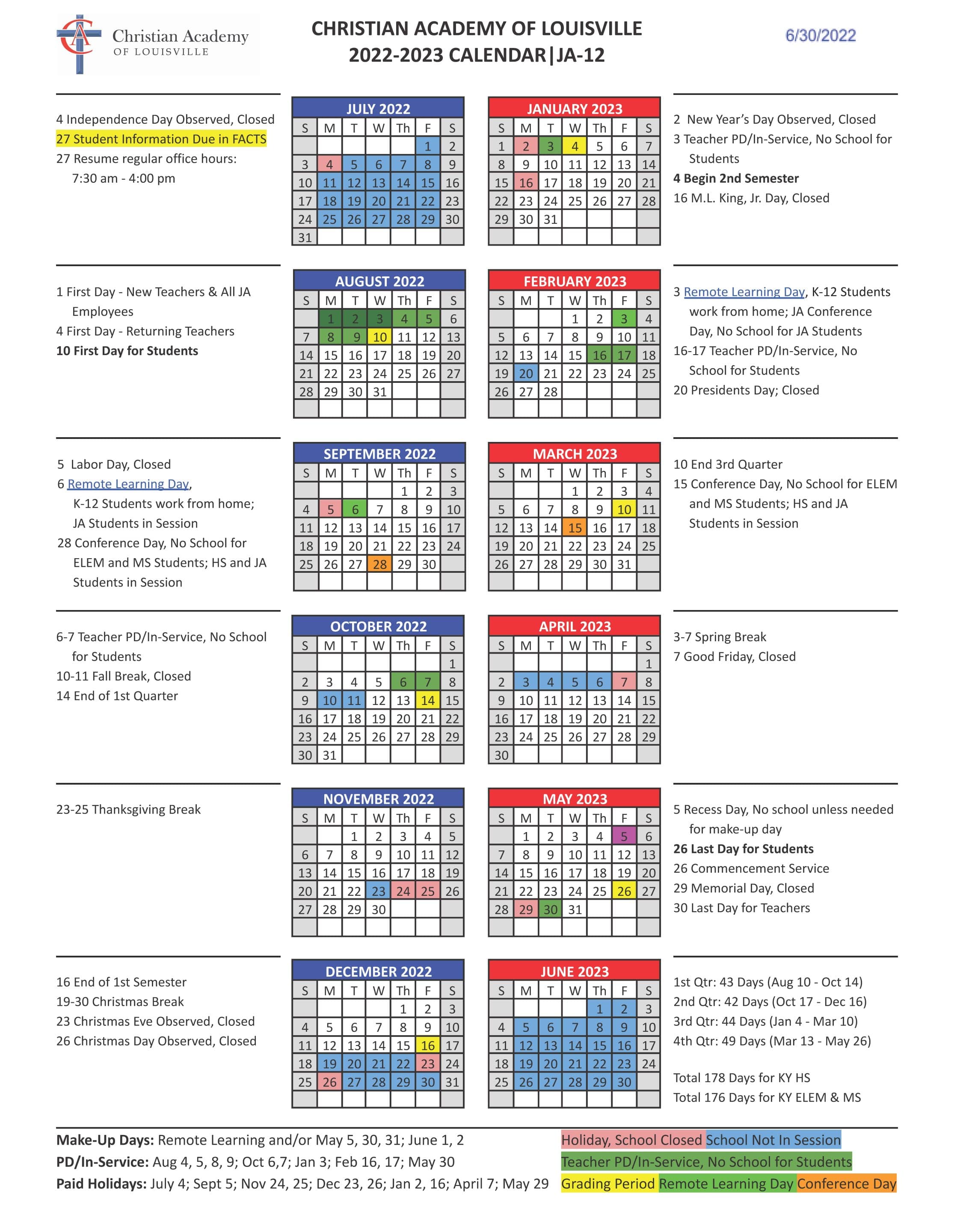 Christian Academy School System | Christian Academy of Louisville | 2022-2023 CAL Family Calendar