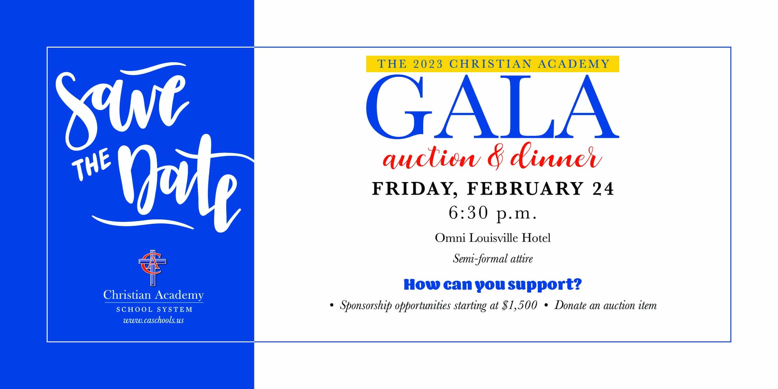 Christian Academy School System | Support | 2023 Gala Save the Date | February 24