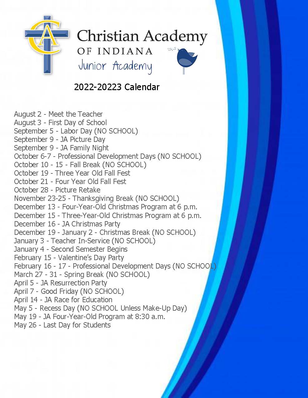 Christian Academy School System | Christian Academy of Indiana | Junior Academy | 2022-2023 Calendar