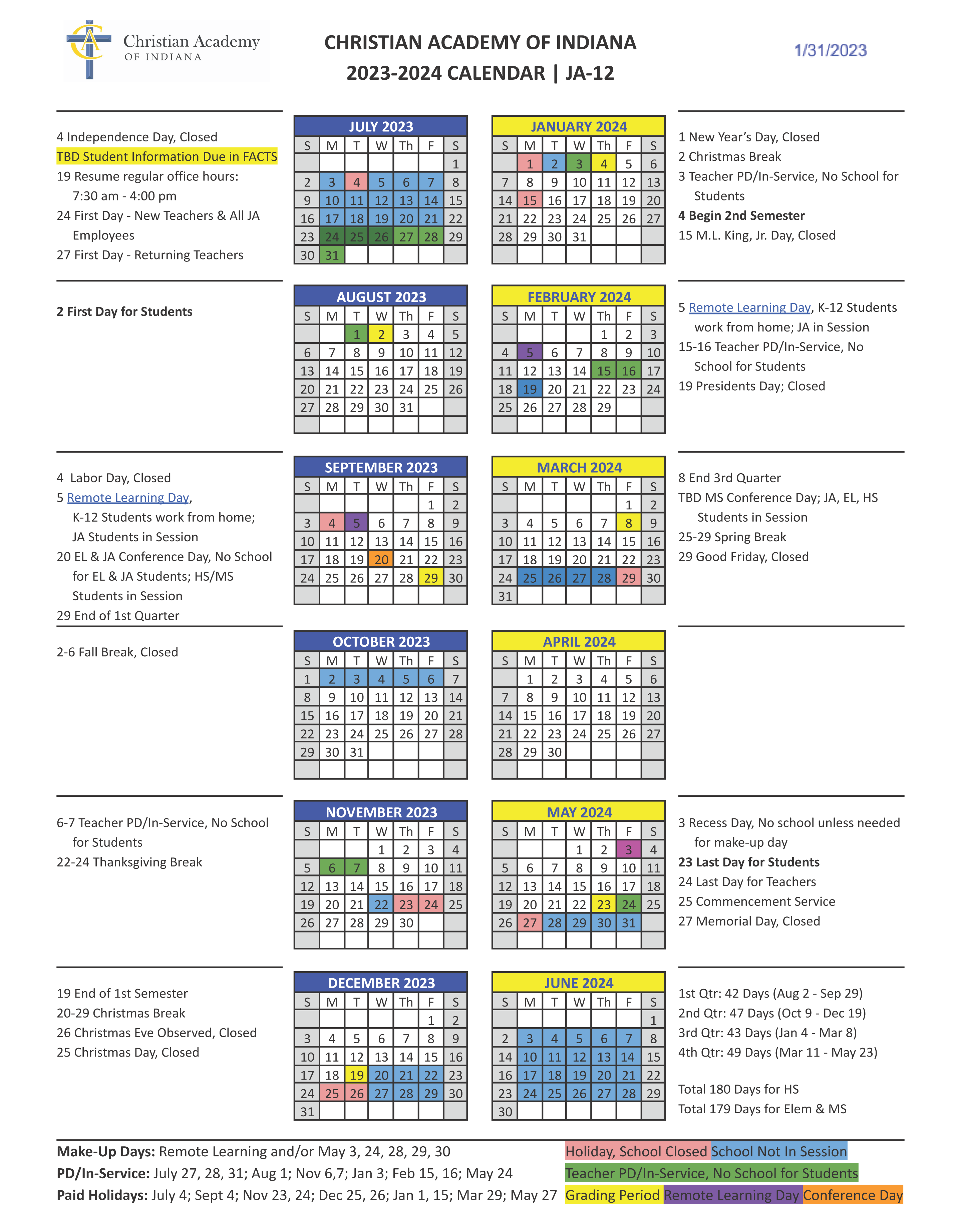 Calendars Christian Academy School System