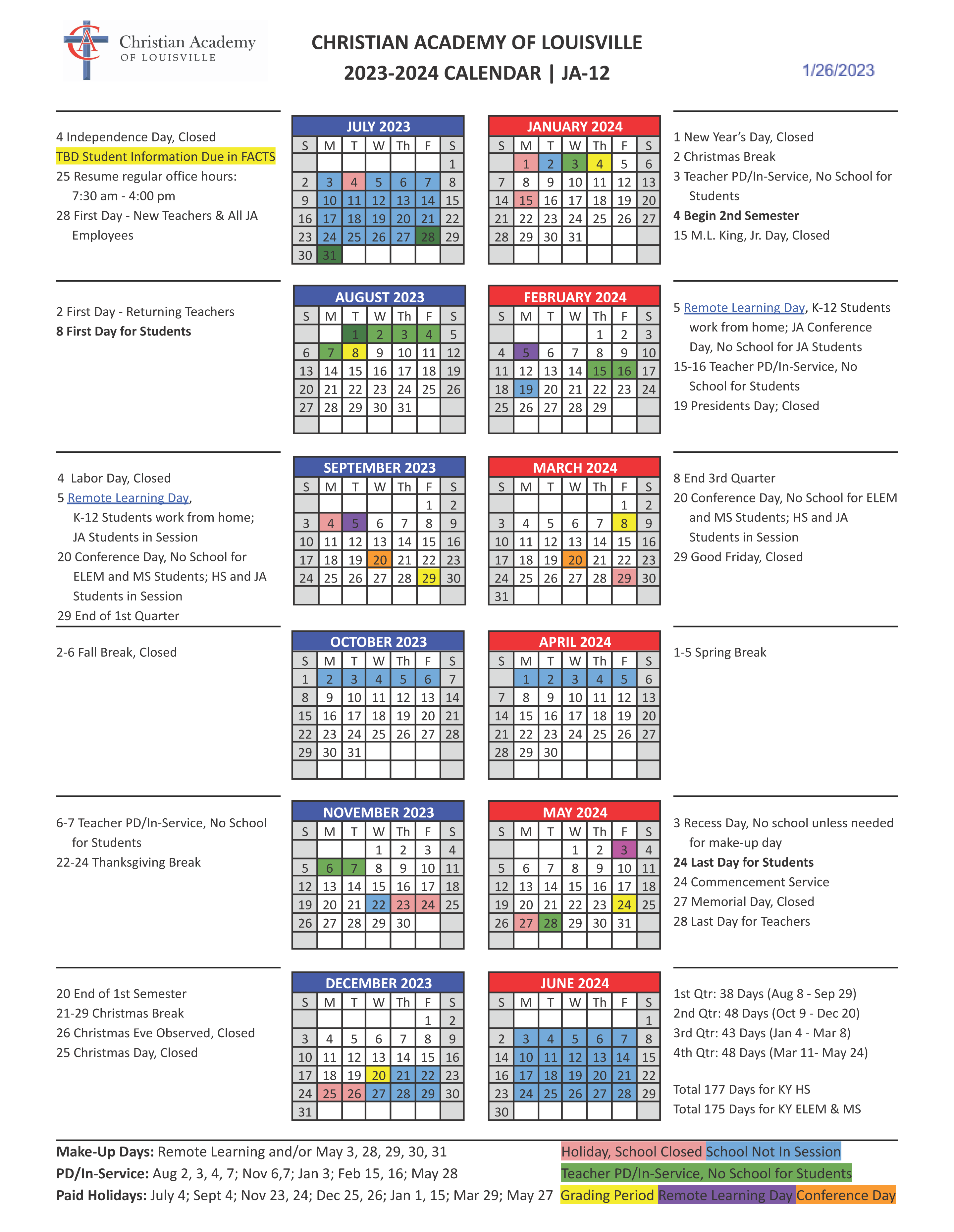Christian Academy School System | Christian Academy of Louisville | 2023-2024 Family Calendar