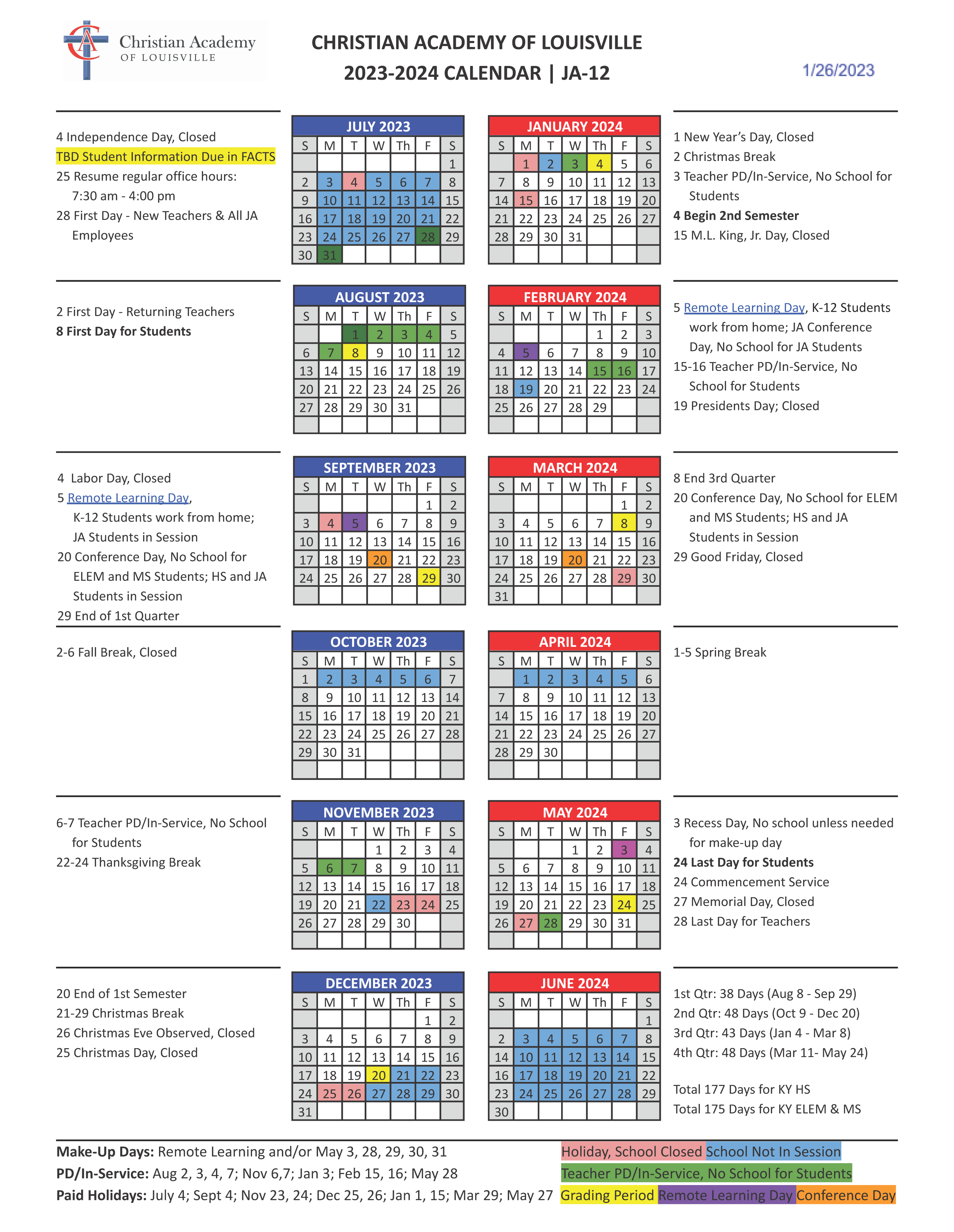 Calendars Christian Academy School System