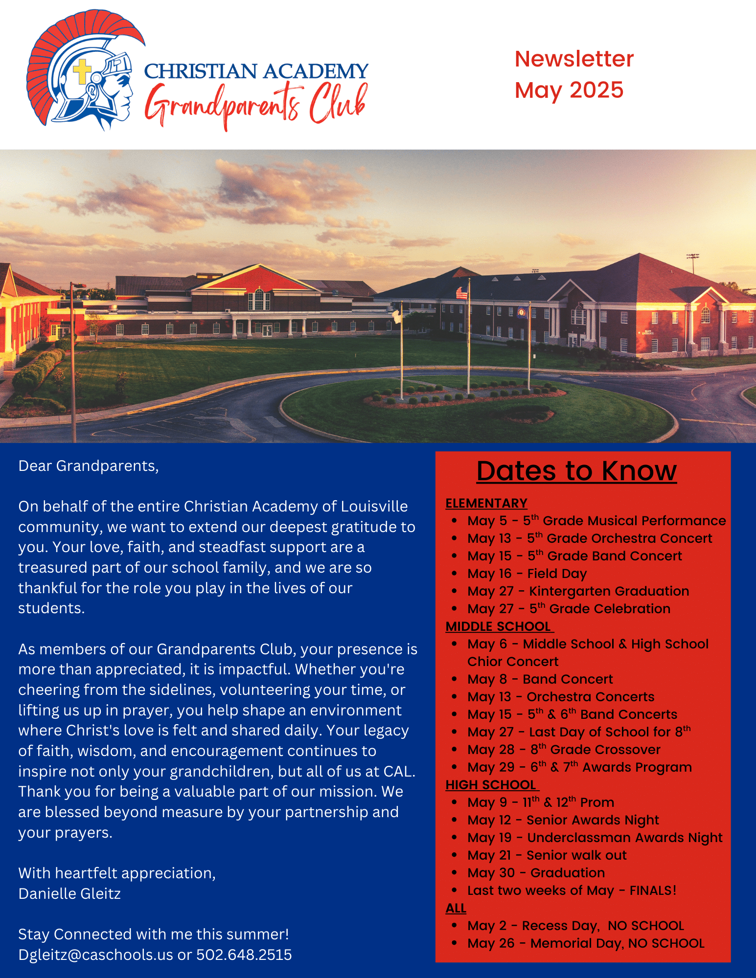 Christian Academy of Louisville Grandparents Club May 2025 Newsletter Cover