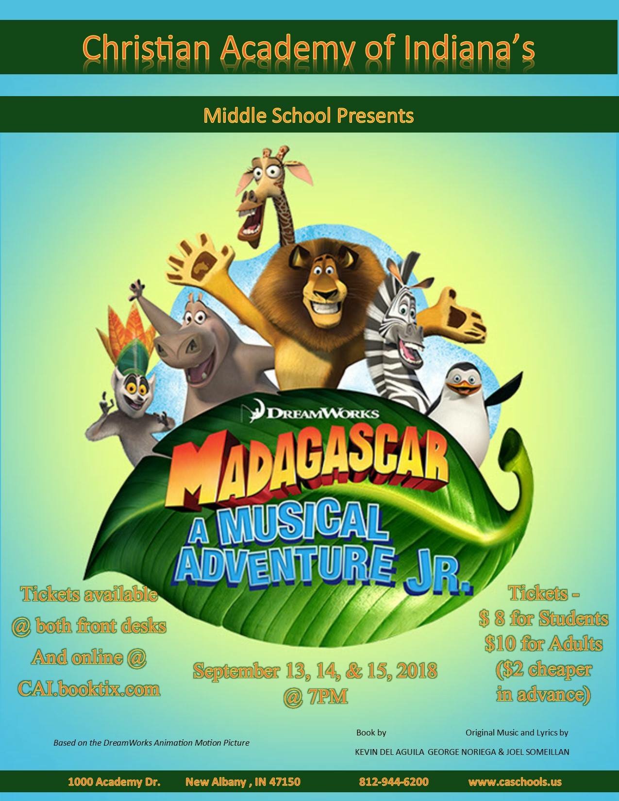 Christian Acaemy School System | Christian Academy of Indiana | Drama | Madagascar: A Musical Adventure Jr. | September 13-15