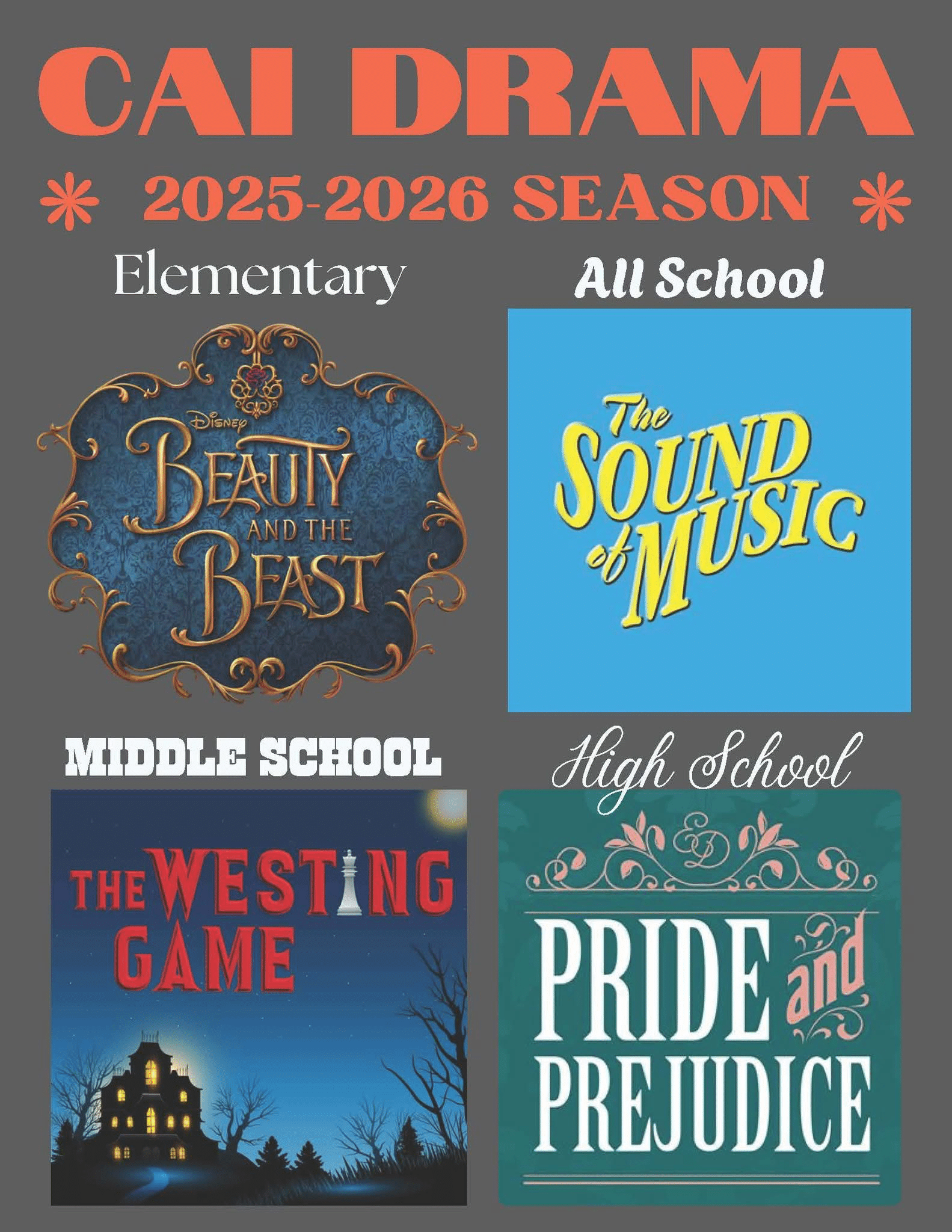 2025-2026 CAI Theatre Season Christian Academy of Indiana Theatre 2025-2026 Season Announcement