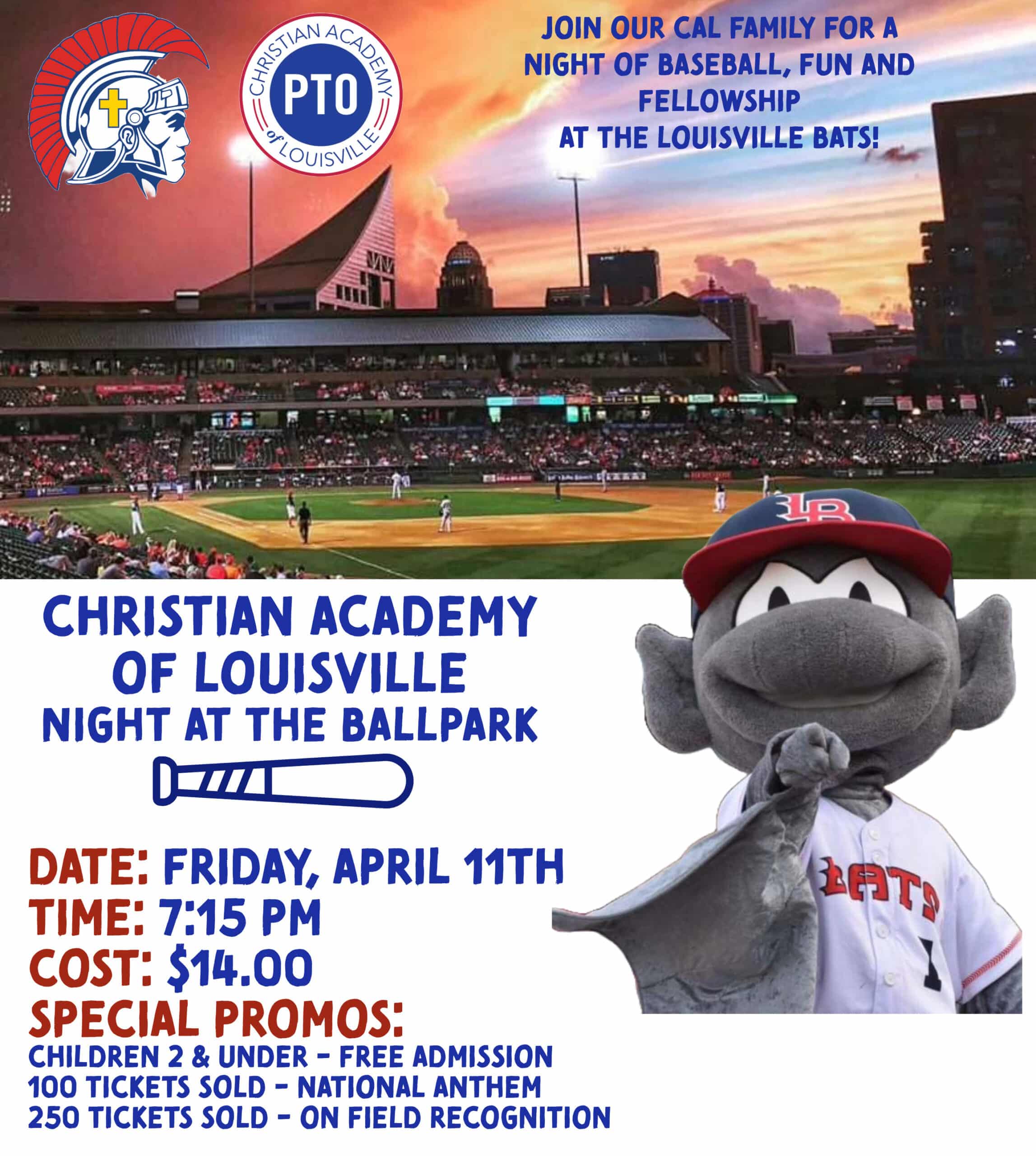 Join Christian Academy of Louisville for Spirit Night with the Louisville Bats at Louisville Slugger Field, April 11, 2025