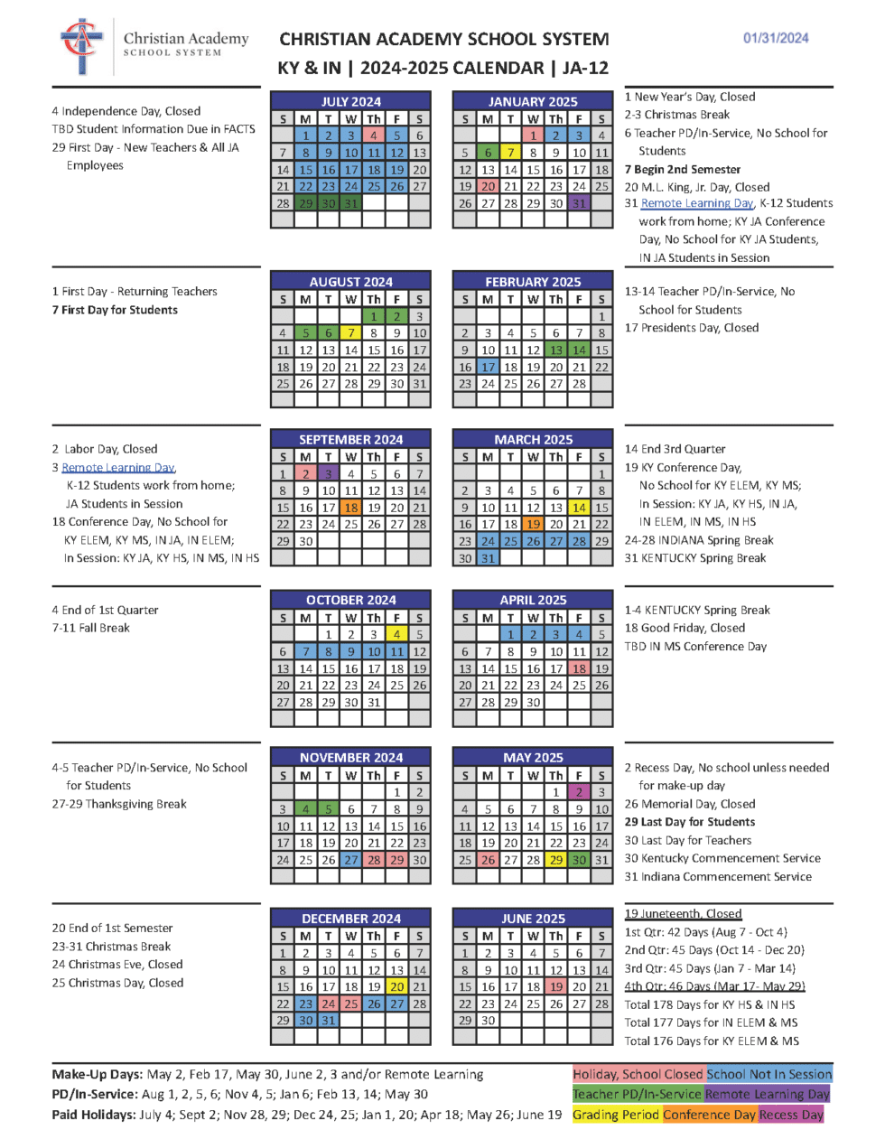 Calendars | Christian Academy School System