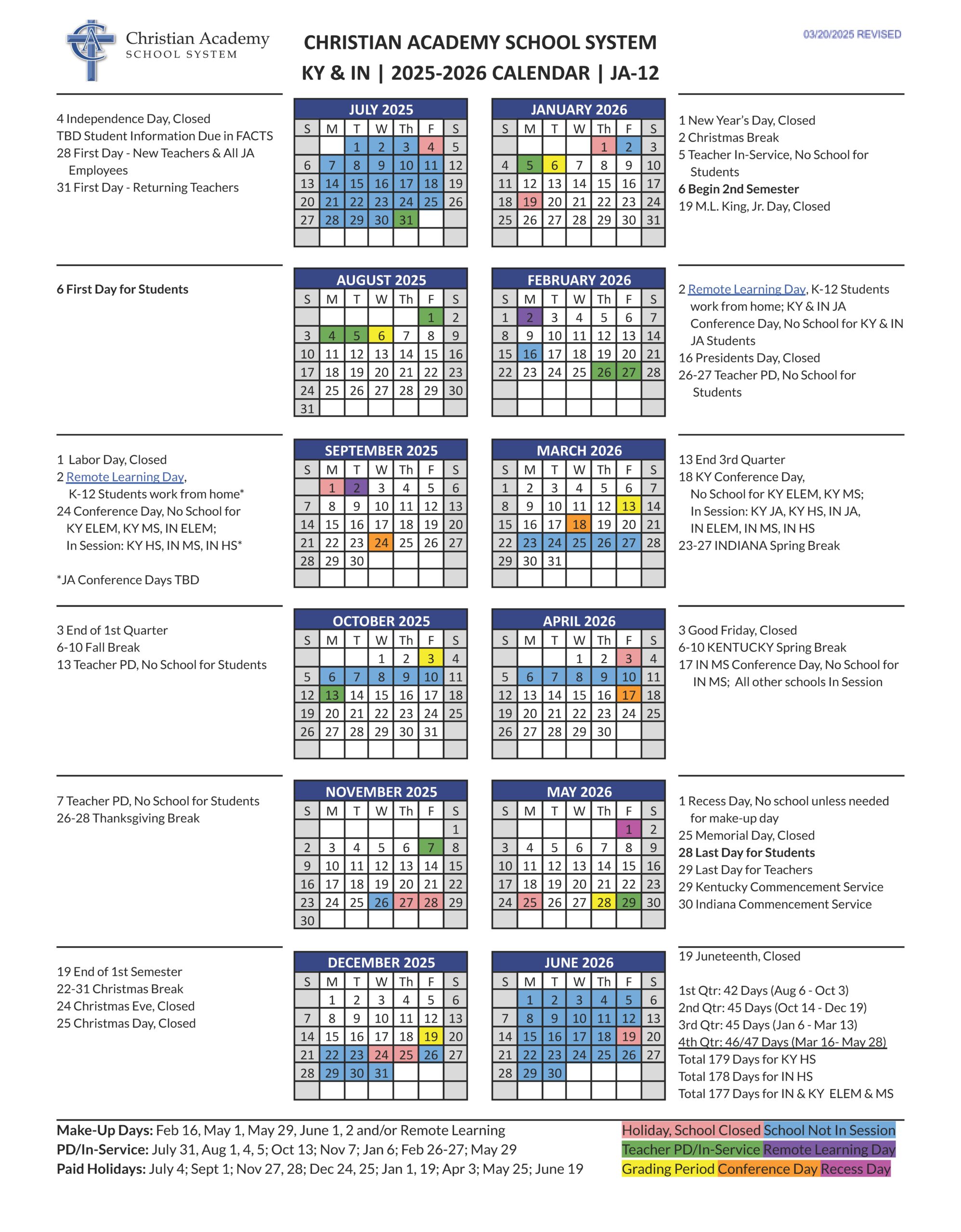 Christian Academy School System 2025-2026 Graphic Family Calendar