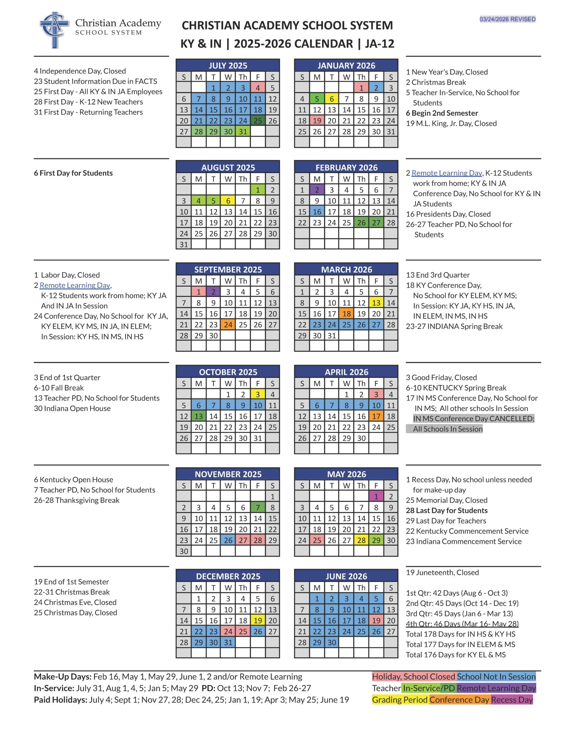 Christian Academy School System Family Calendar 2025-2026 Revised March 25, 2026