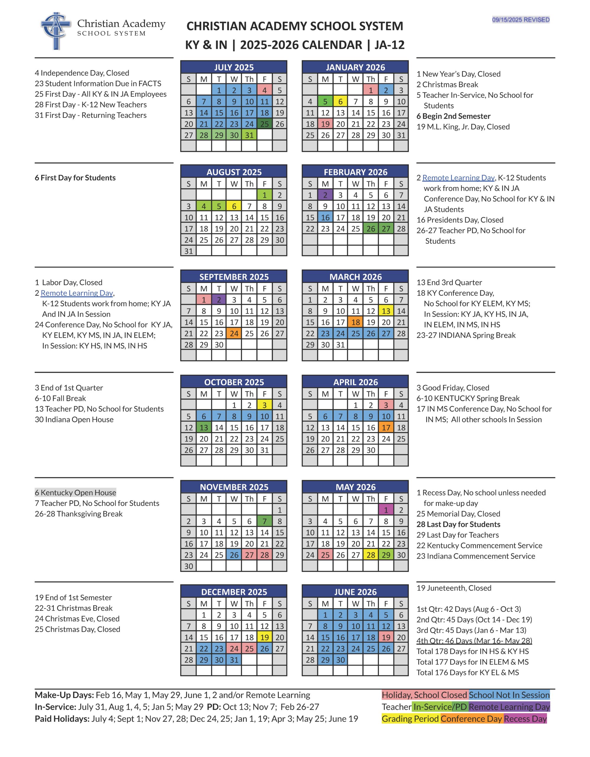 Christian Academy School System 2025-2026 Family Calendar Update - September 15, 2025