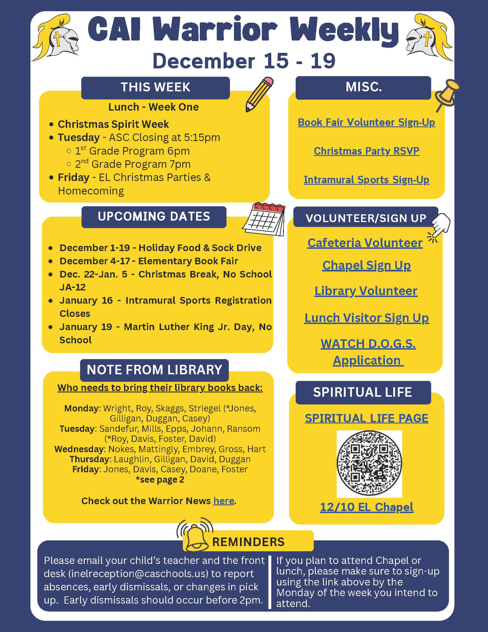 Christian Academy of Indiana Elementary Warrior Weekly Newsletter December 15-19