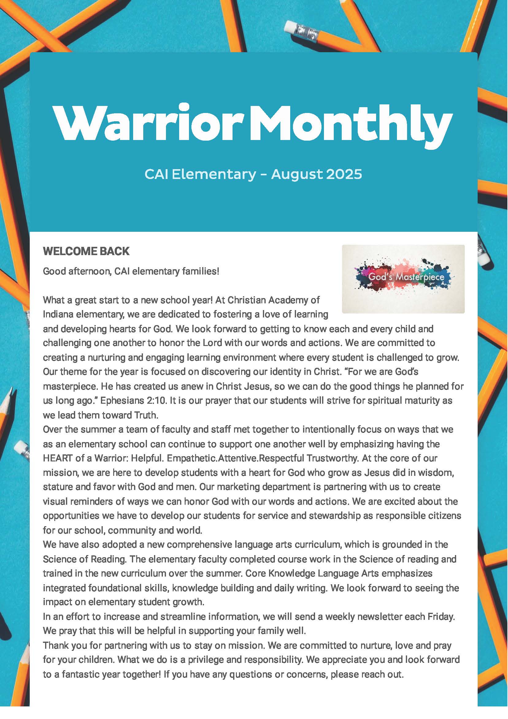 Christian Academy of Indiana Elementary Warrior Monthly Newsletter August 2025