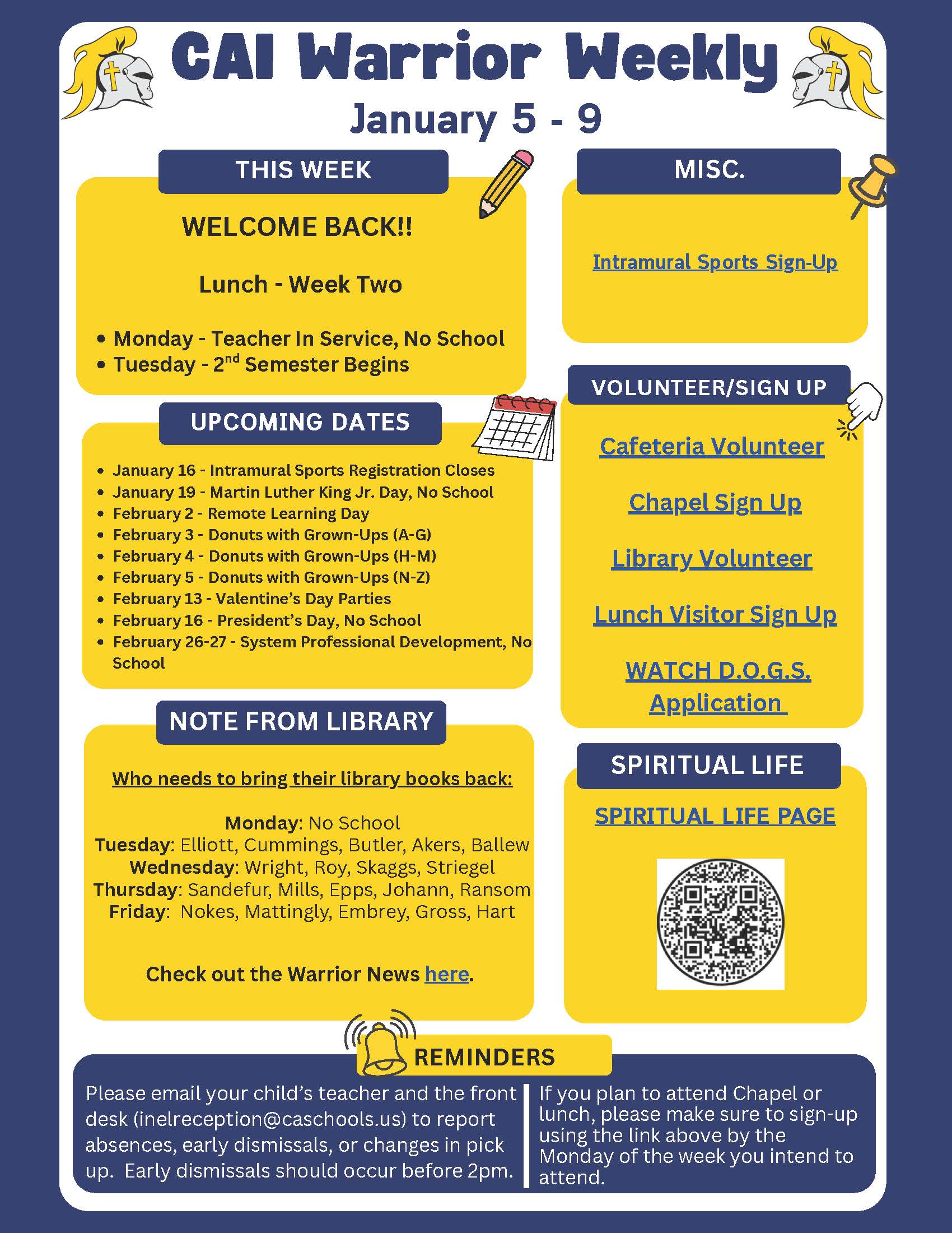 Christian Academy of Indiana Elementary Warrior Weekly Newsletter January 5-9