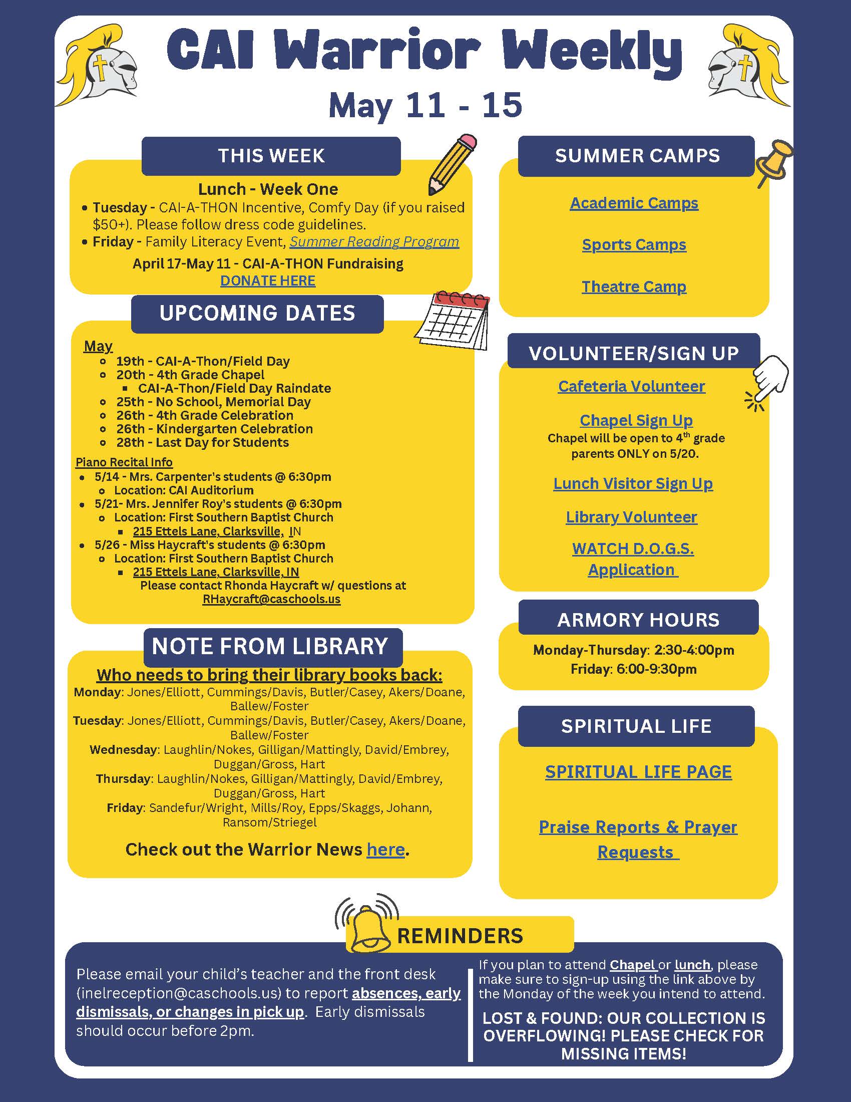 Christian Academy of Indiana Elementary Warrior Weekly Newsletter May 11-15