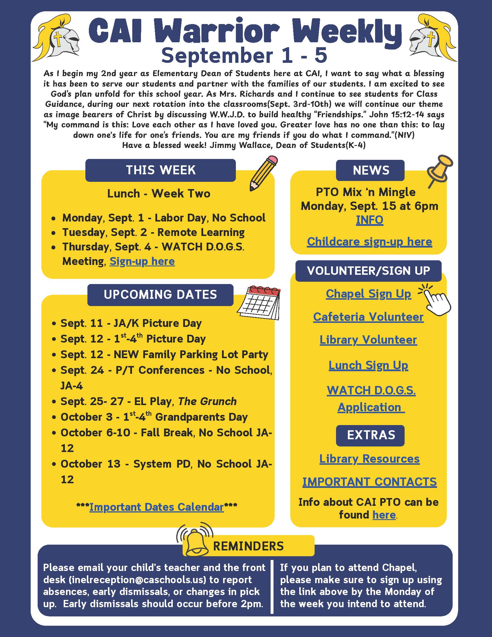 Christian Academy of Indiana Elementary Warrior Weekly September 1-5
