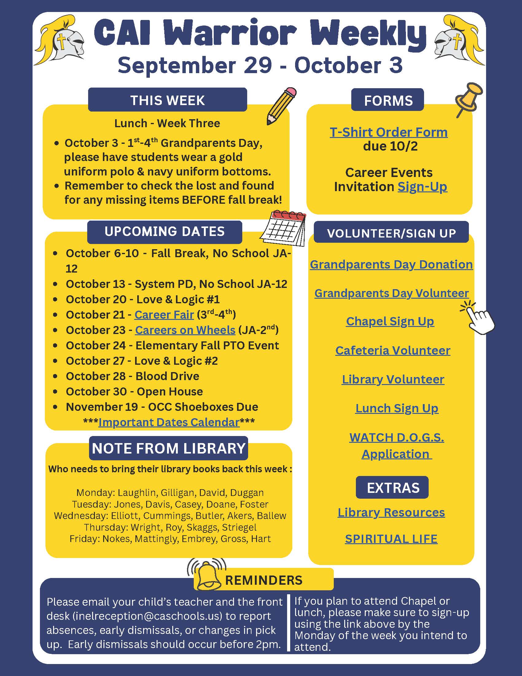 Christian Academy of Indiana Elementary Warrior Weekly Newsletter September 29-October 3