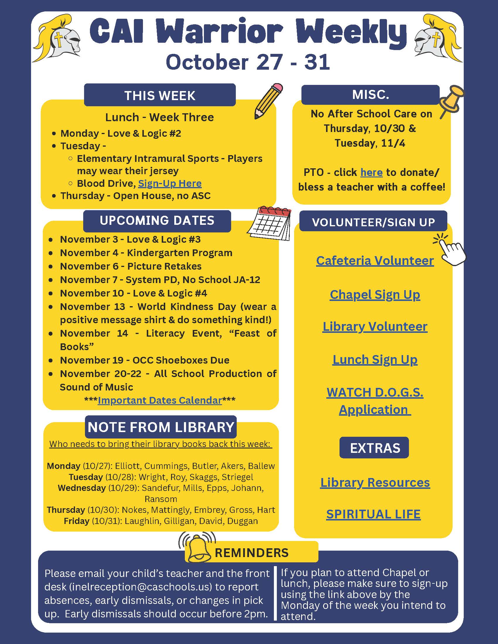 Christian Academy of Indiana Elementary Warrior Weekly Newsletter October 27-31
