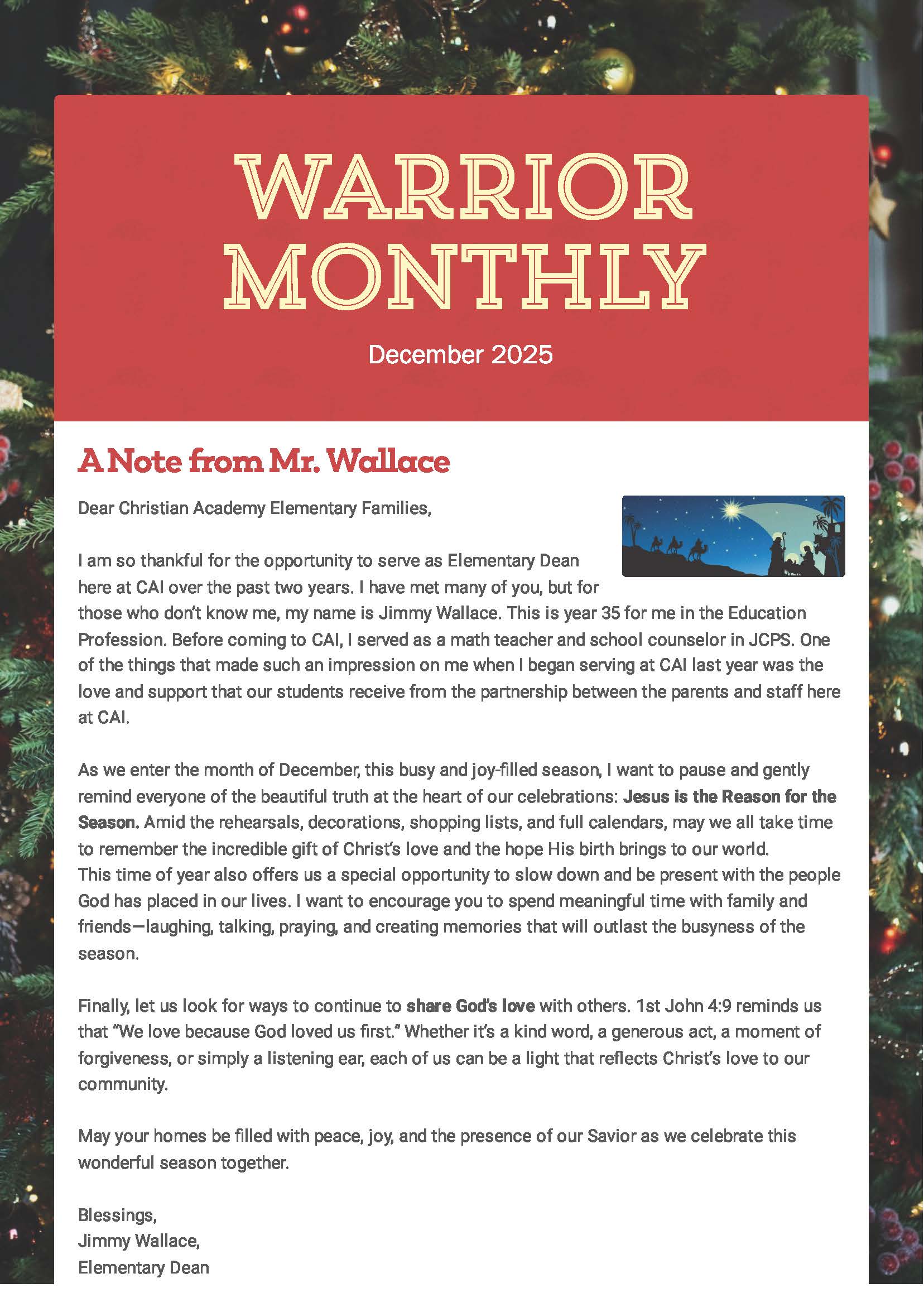 Christian Academy of Indiana Elementary Warrior Monthly Newsletter December 2025