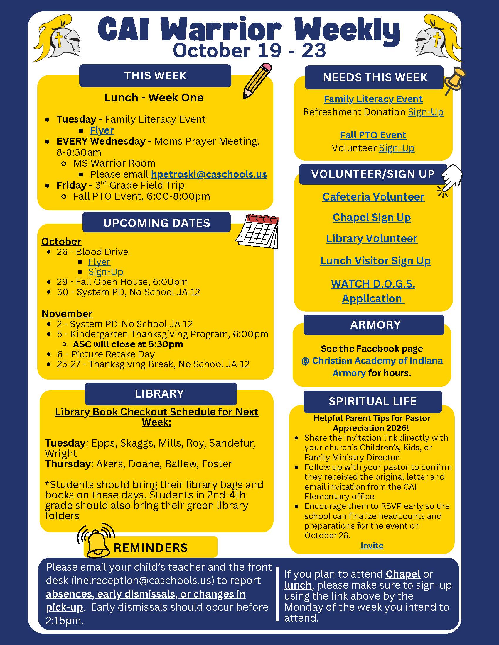 Christian Academy of Indiana Elementary CAI Warrior Weekly October 19-23