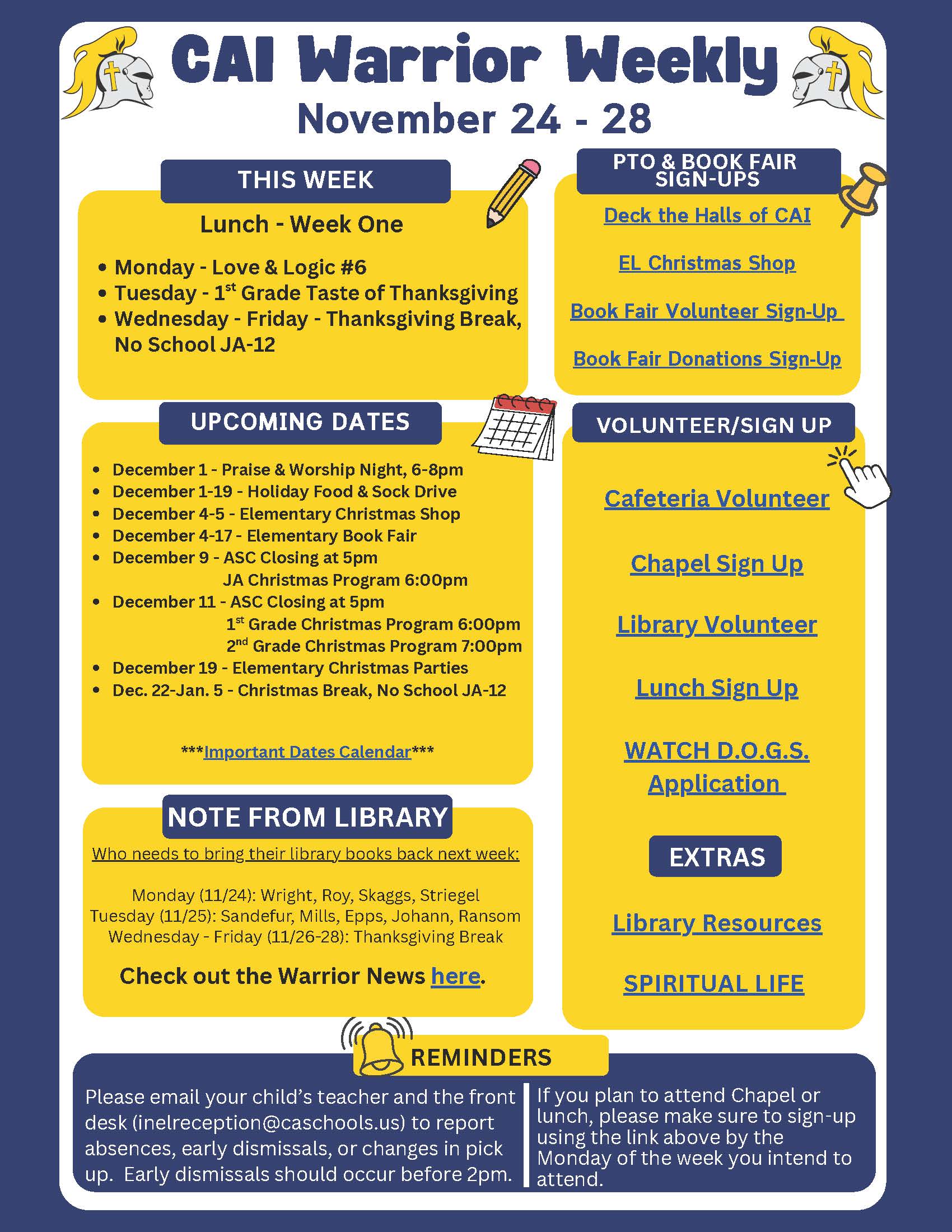 Christian Academy of Indiana Elementary Warrior Weekly Newsletter November 24-28
