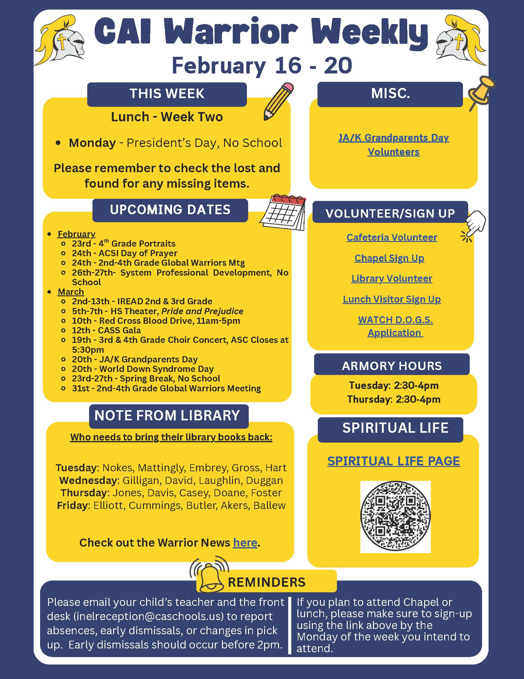 Christian Academy of Indiana Elementary Warrior Weekly Newsletter February 16-20