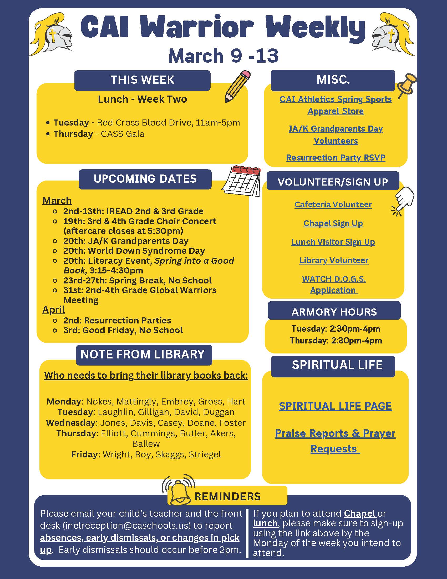 Christian Academy of Indiana Elementary CAI Warrior Weekly March 9-13