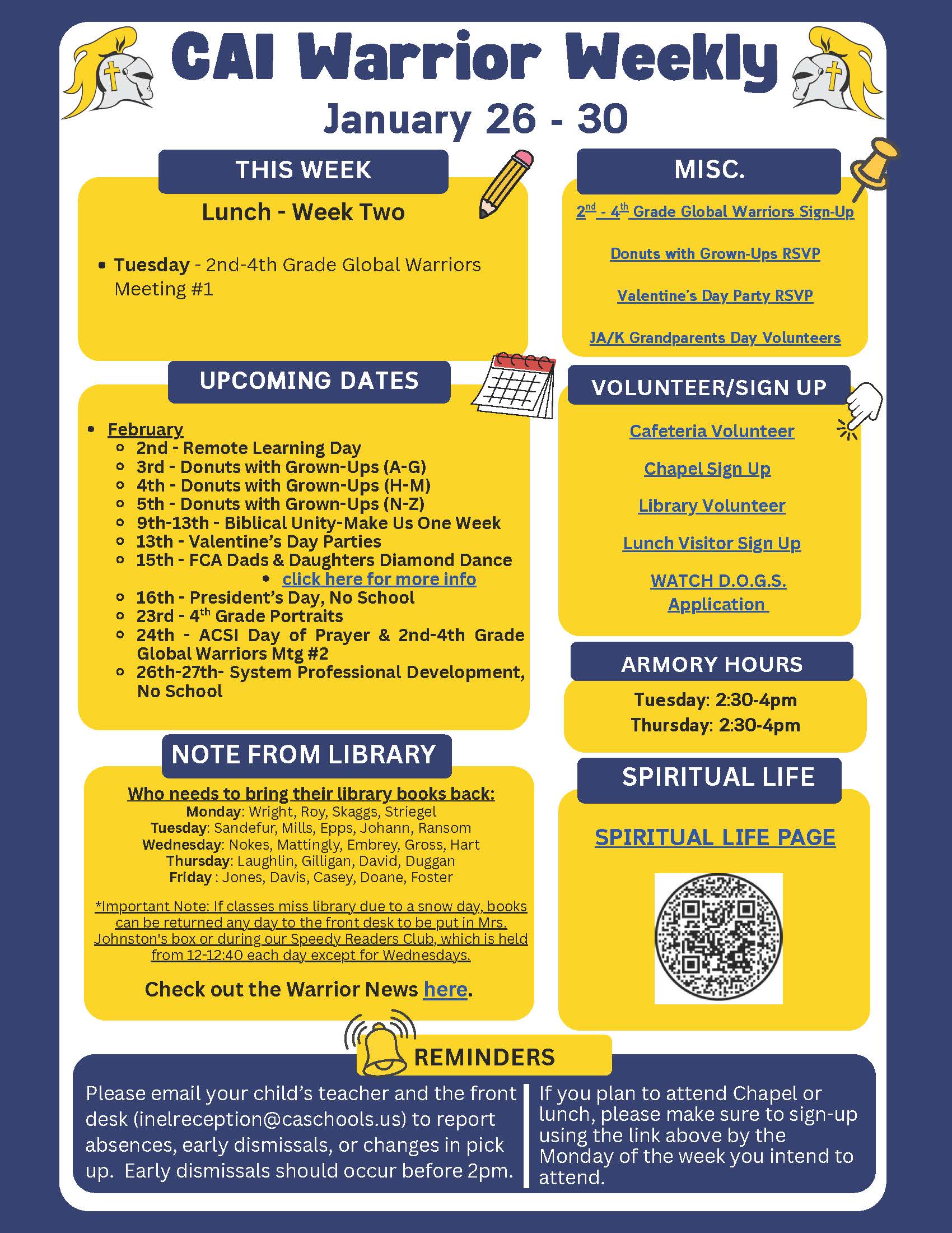 Christian Academy of Indiana Elementary Warrior Weekly Newsletter January 26-30
