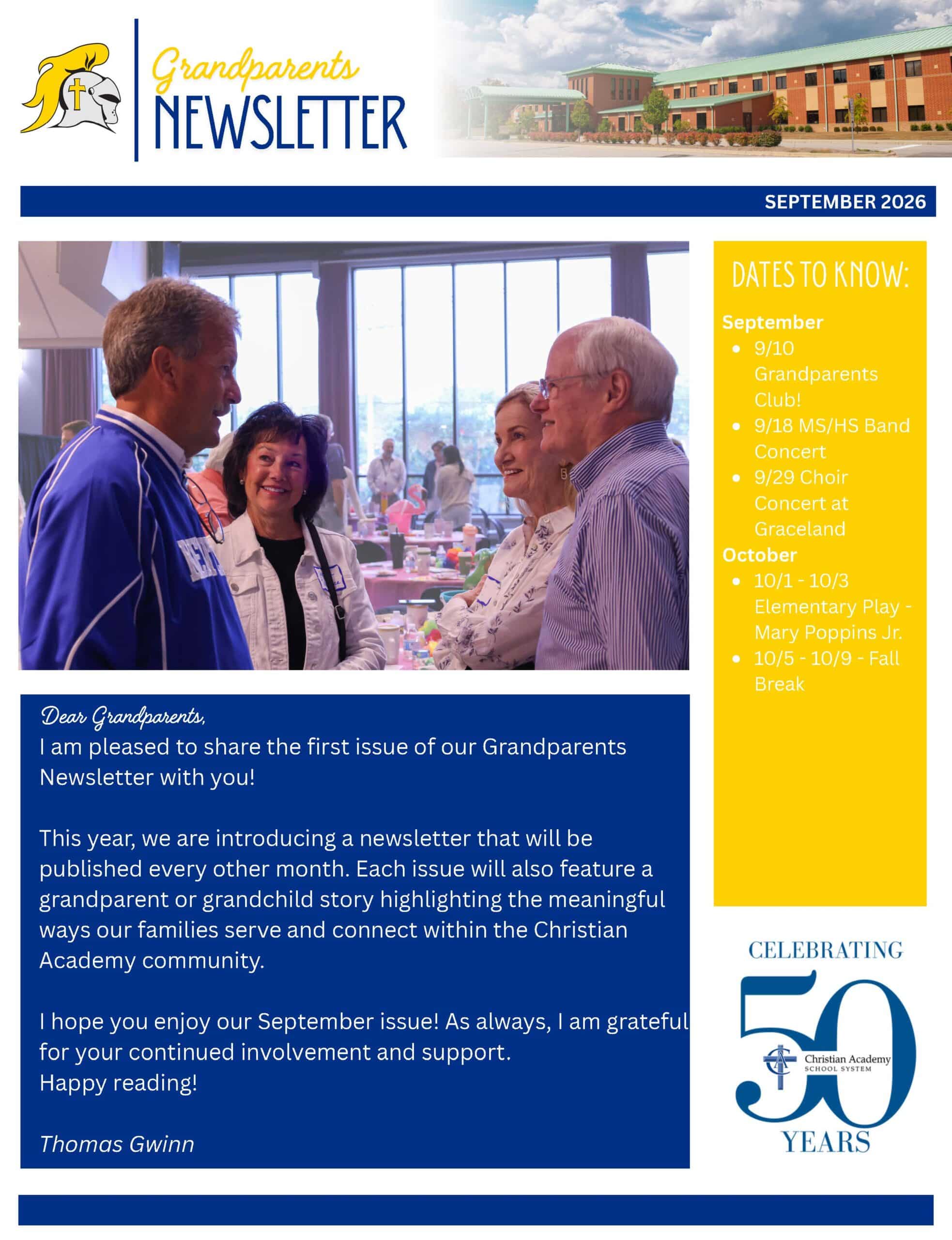 Christian Academy of Indiana Grandparents Newsletter September 2026
