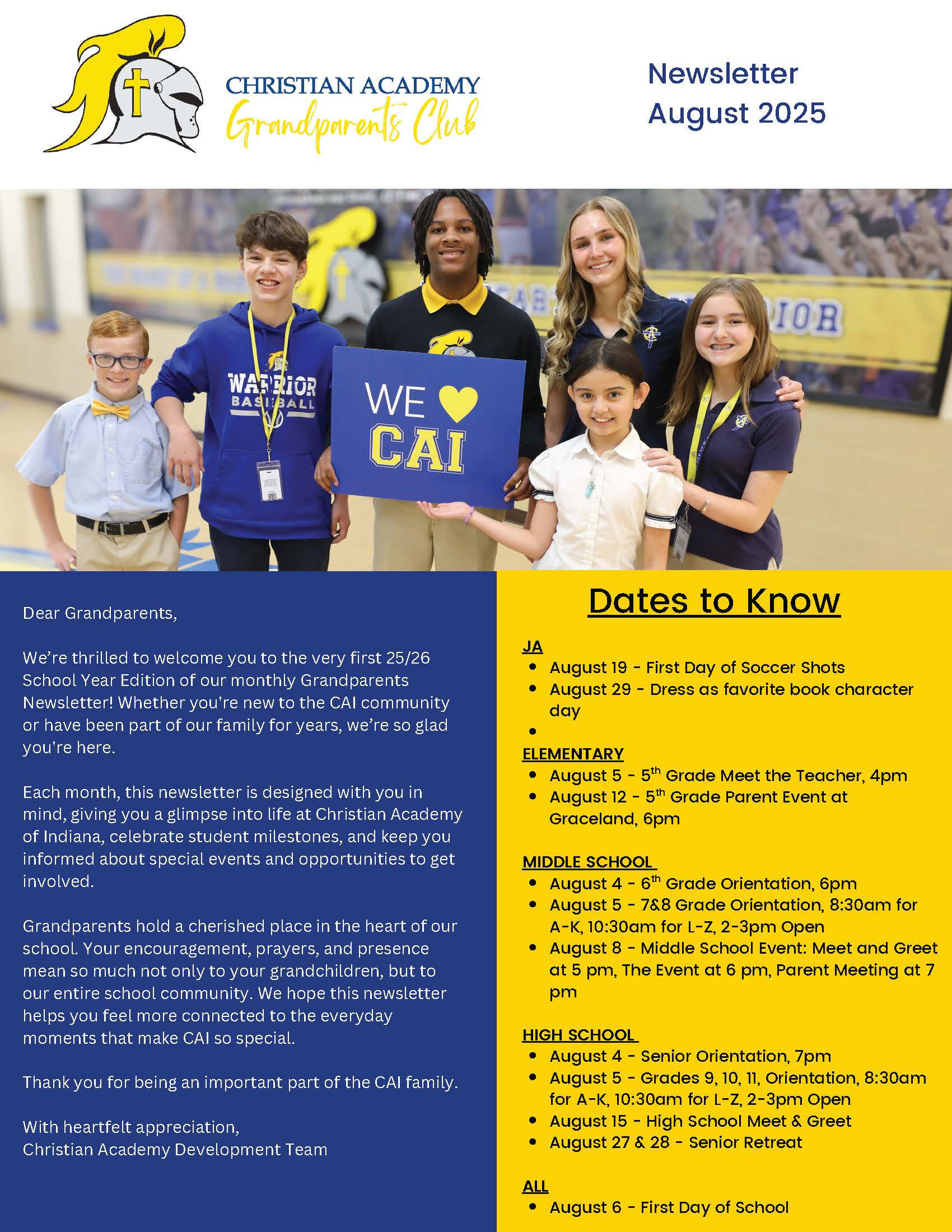Christian Academy of Indiana Grandparents Club Newsletter August 2025