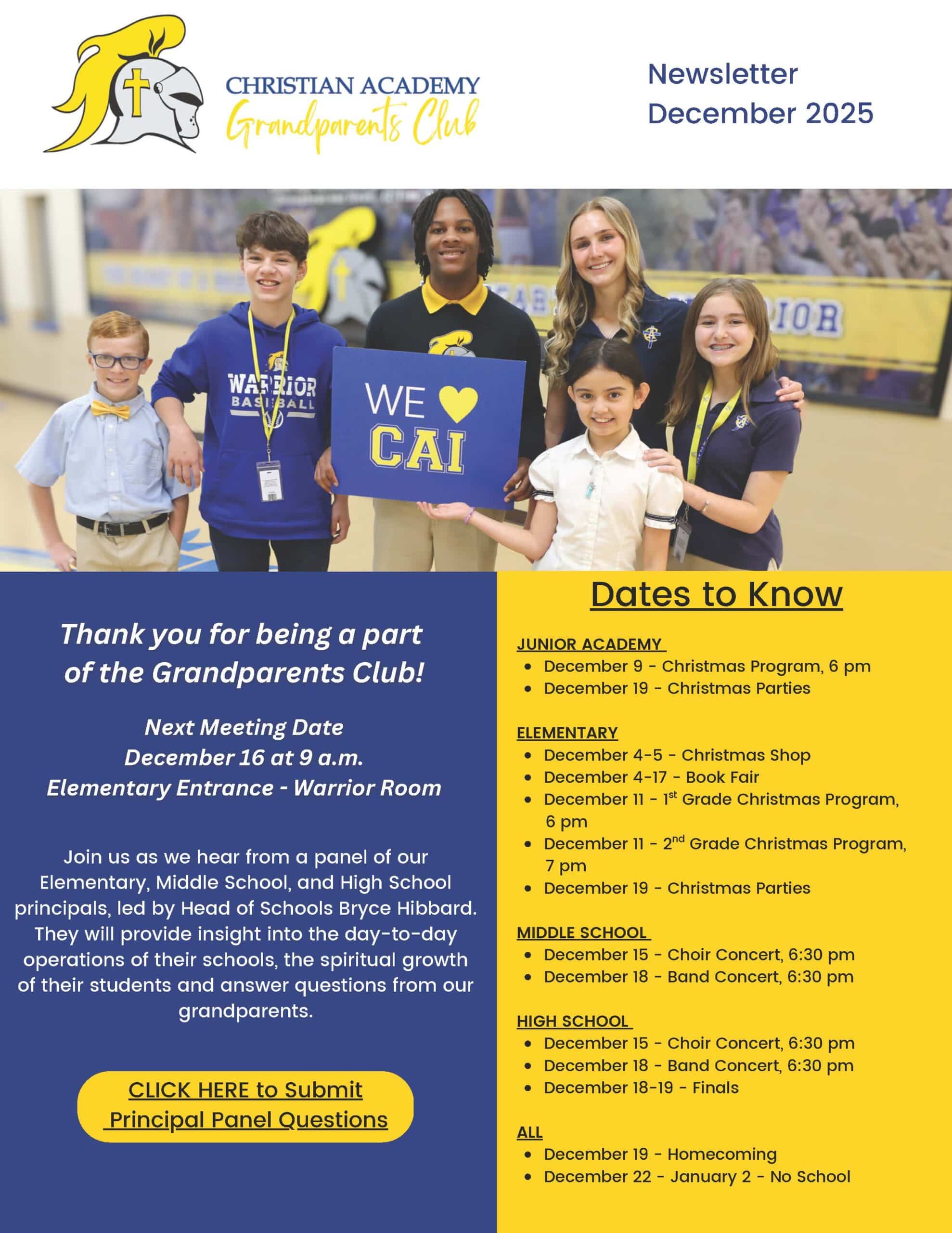 Christian Academy of Indiana Grandparents Club Newsletter December 2025