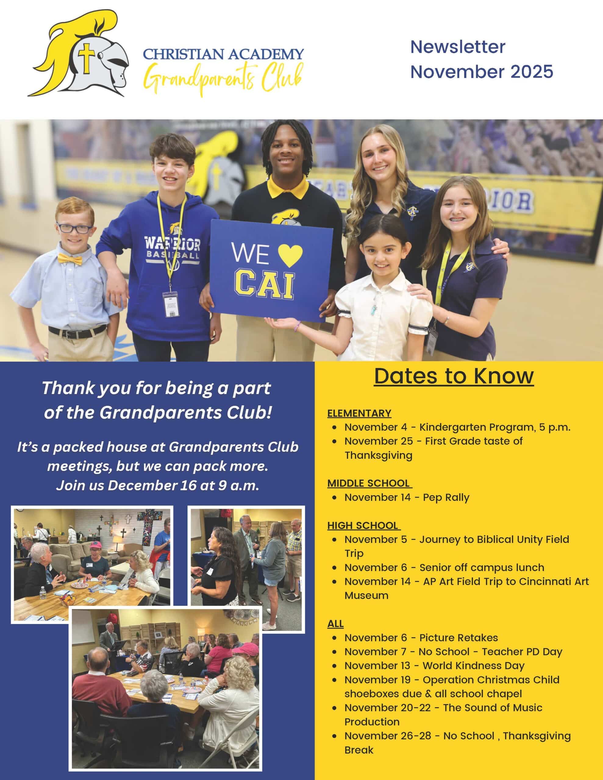 Christian Academy of Indiana Grandparents Club Newsletter November 2025