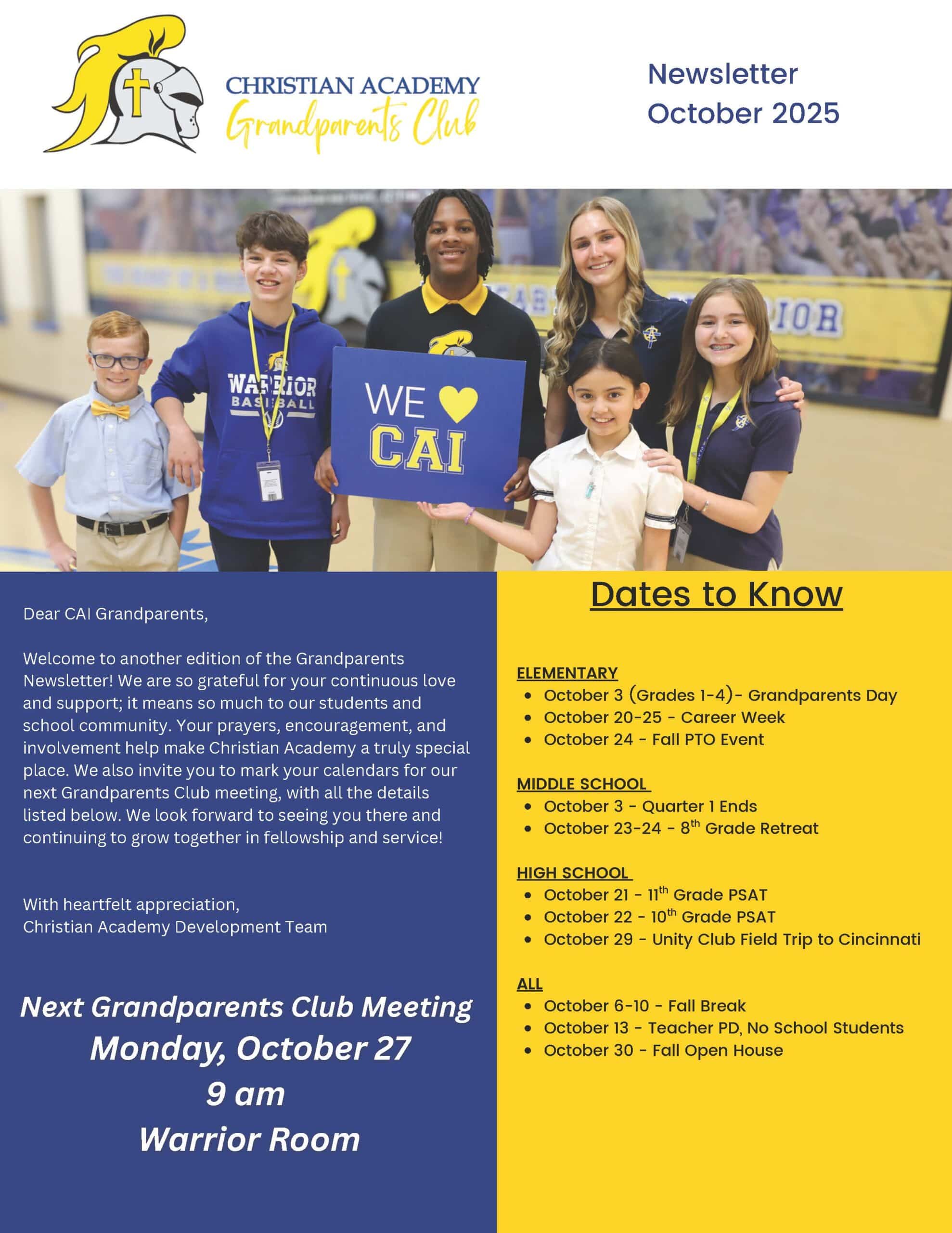 Christian Academy of Indiana Grandparents Club Newsletter October 2025