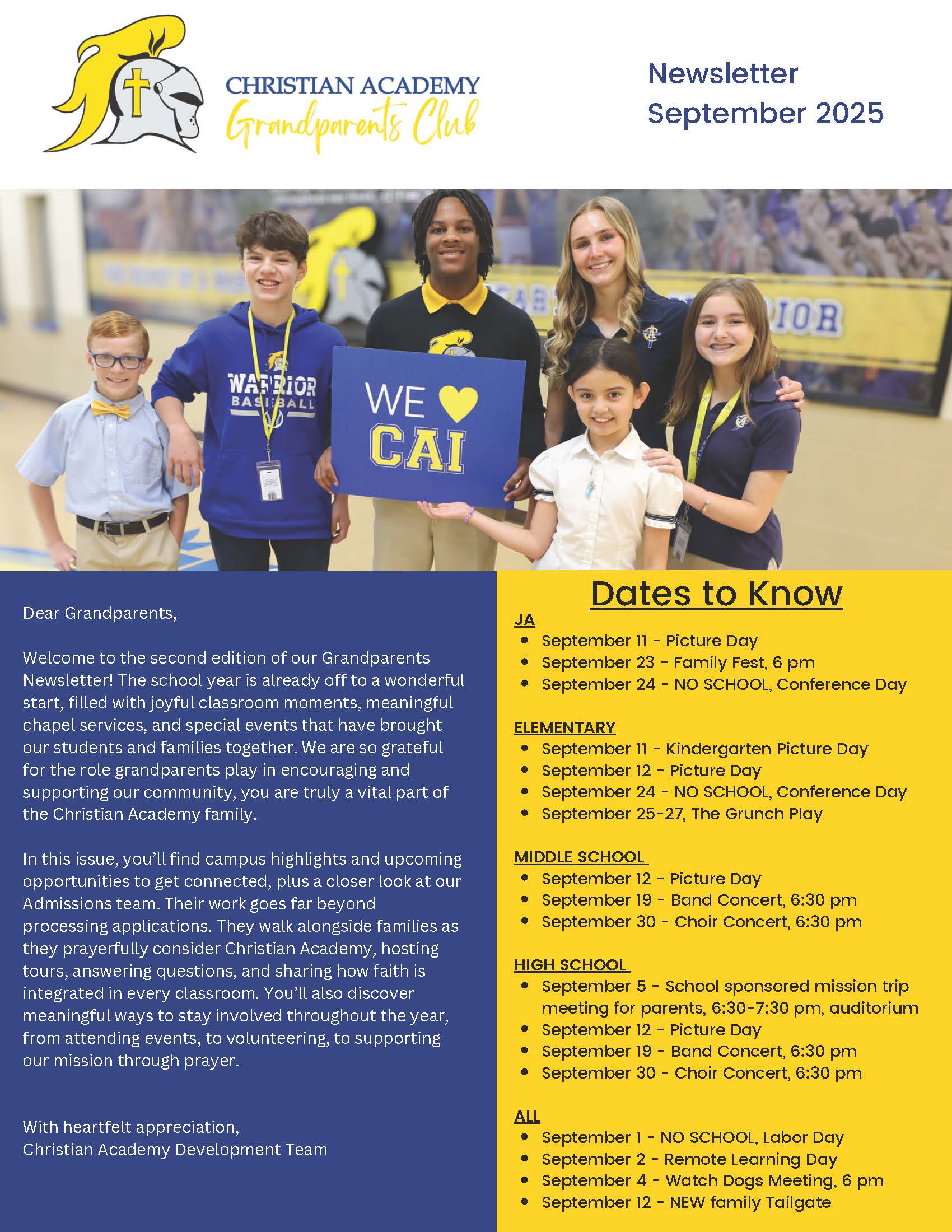 Christian Academy of Indiana Grandparents Club Newsletter September 2025