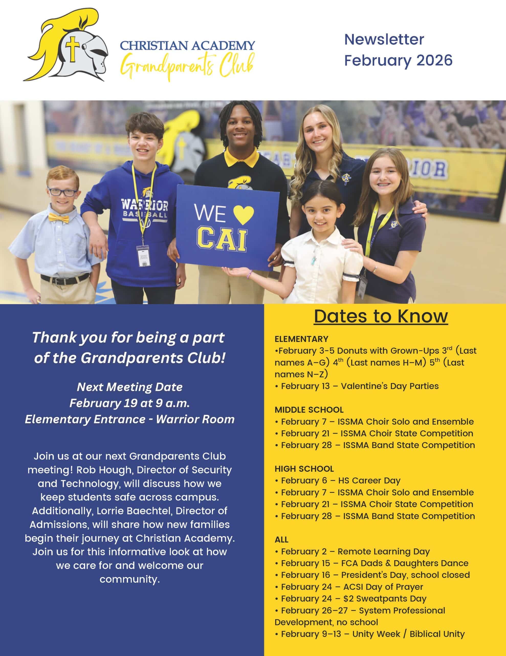 Christian Academy of Indiana Grandparents Club Newsletter February 2026