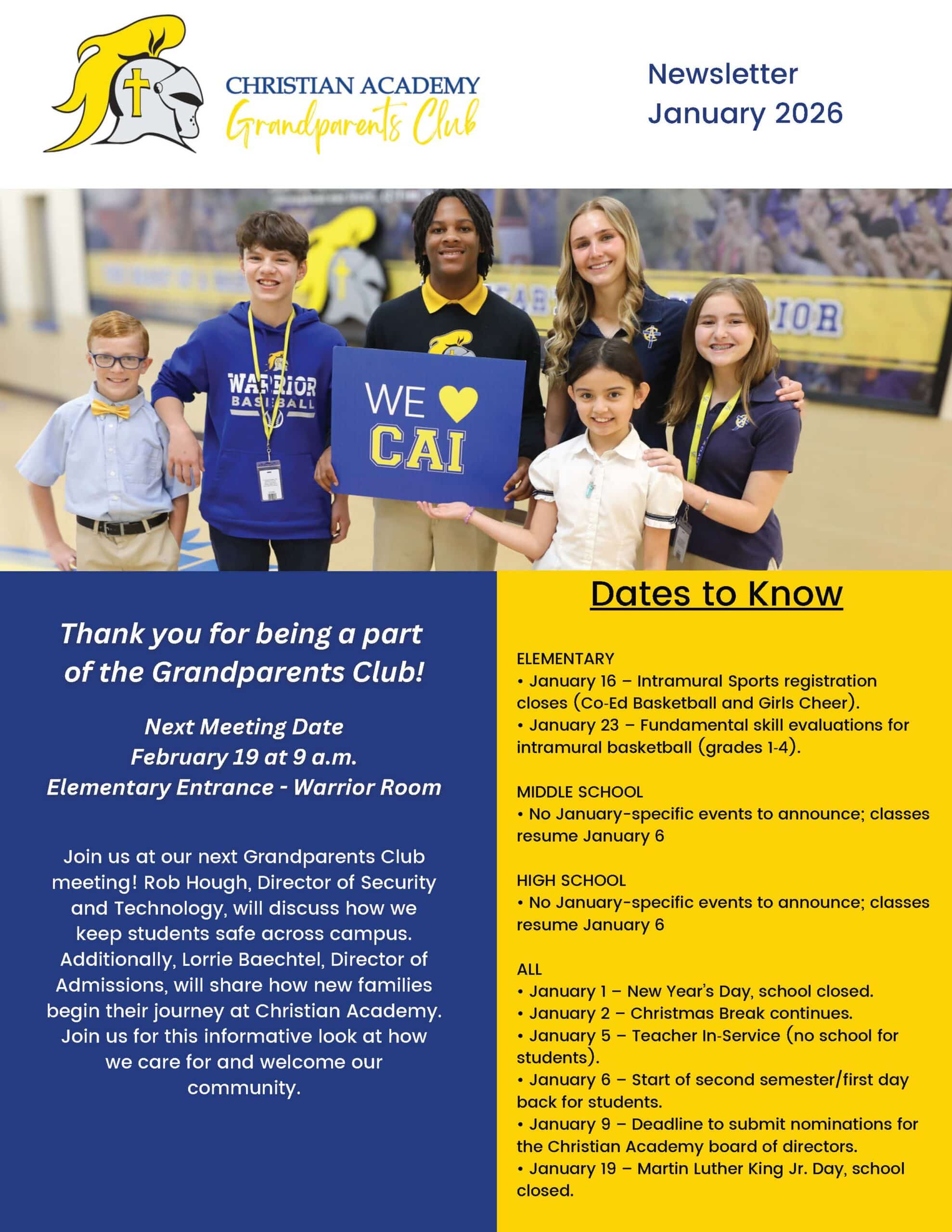 Christian Academy of Indiana Grandparents Club Newsletter January 2026