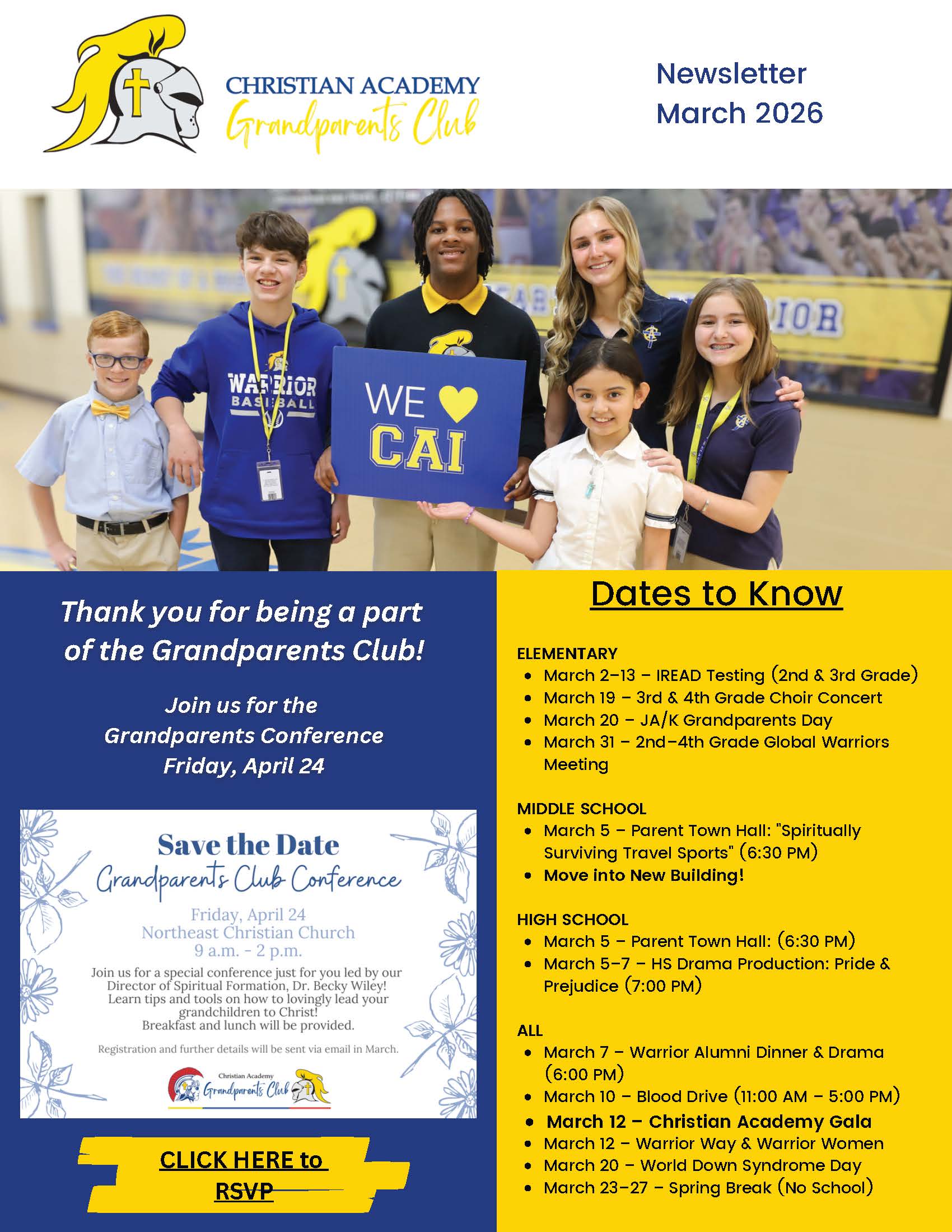 CAI Grandparents Newsletter March 2026_Page_01 Christian Academy of Indiana Grandparents Club Newsletter March 2026