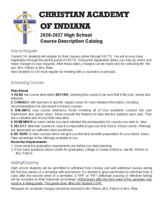 CAI HS Course Description Catalog 2026-2027_Page_01 Christian Academy of Indiana Course Description Catalog 2026-2027