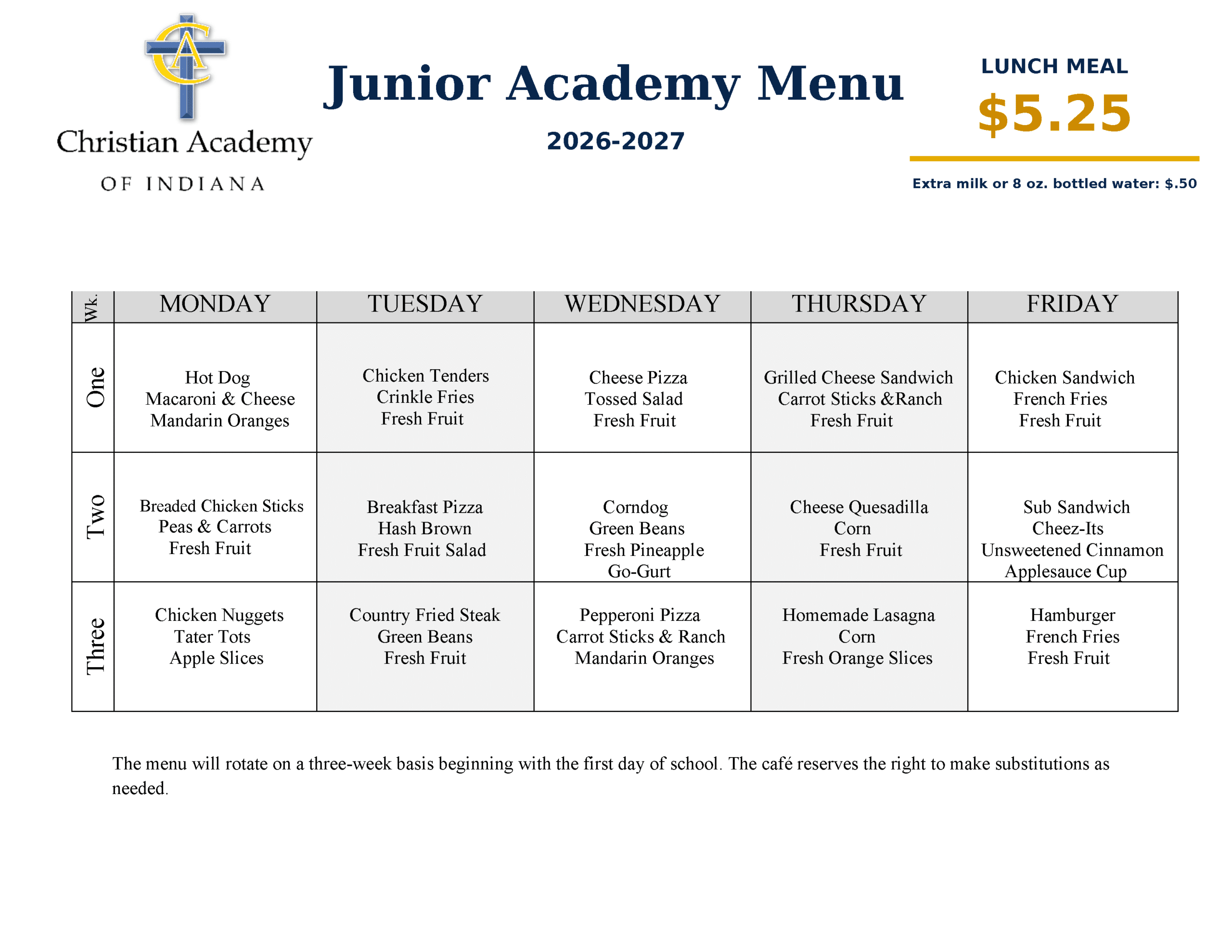 The Table - Christian Academy of Indiana Junior Academy Menu 2026-2027