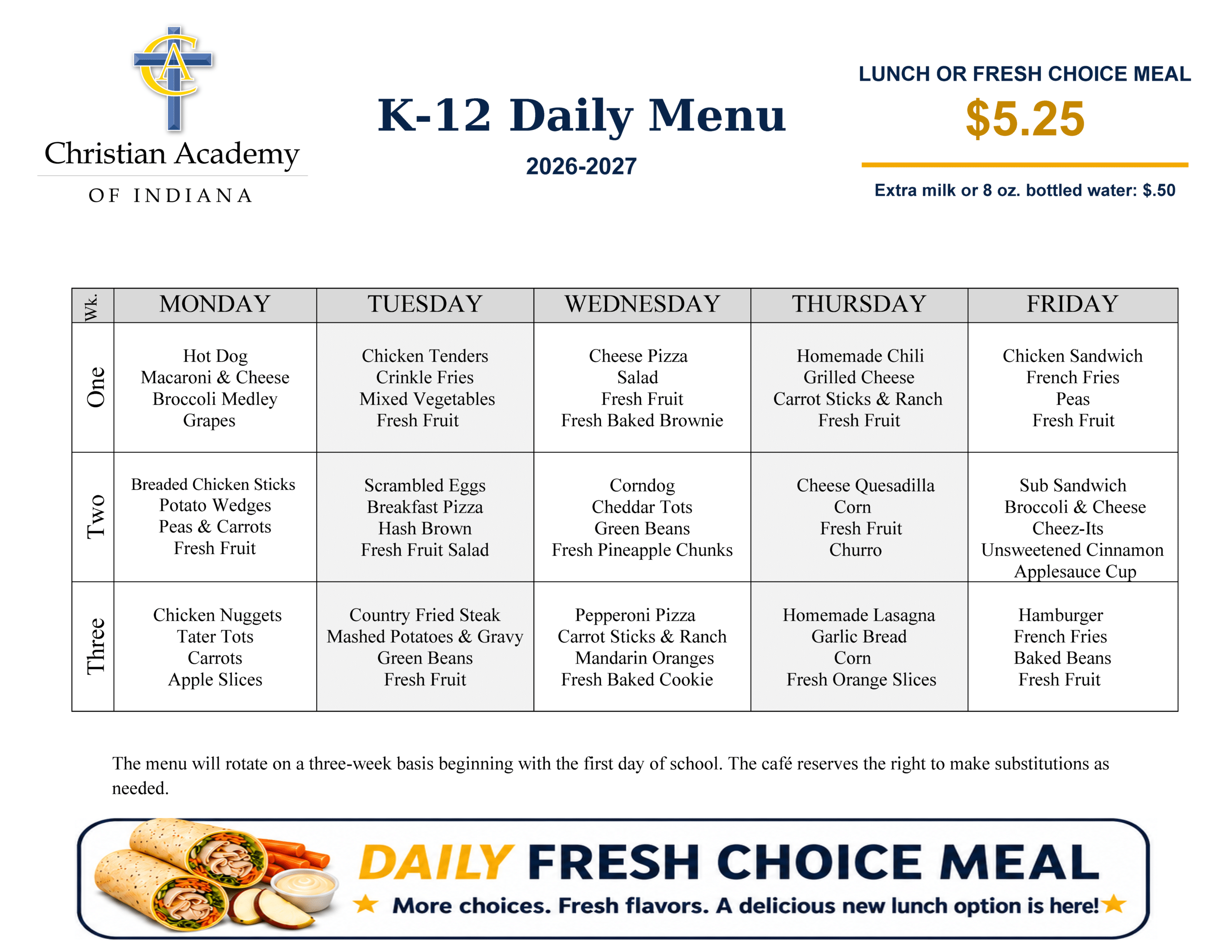 The Table - Christian Academy of Indiana K-12 Daily Menu 2026-2027