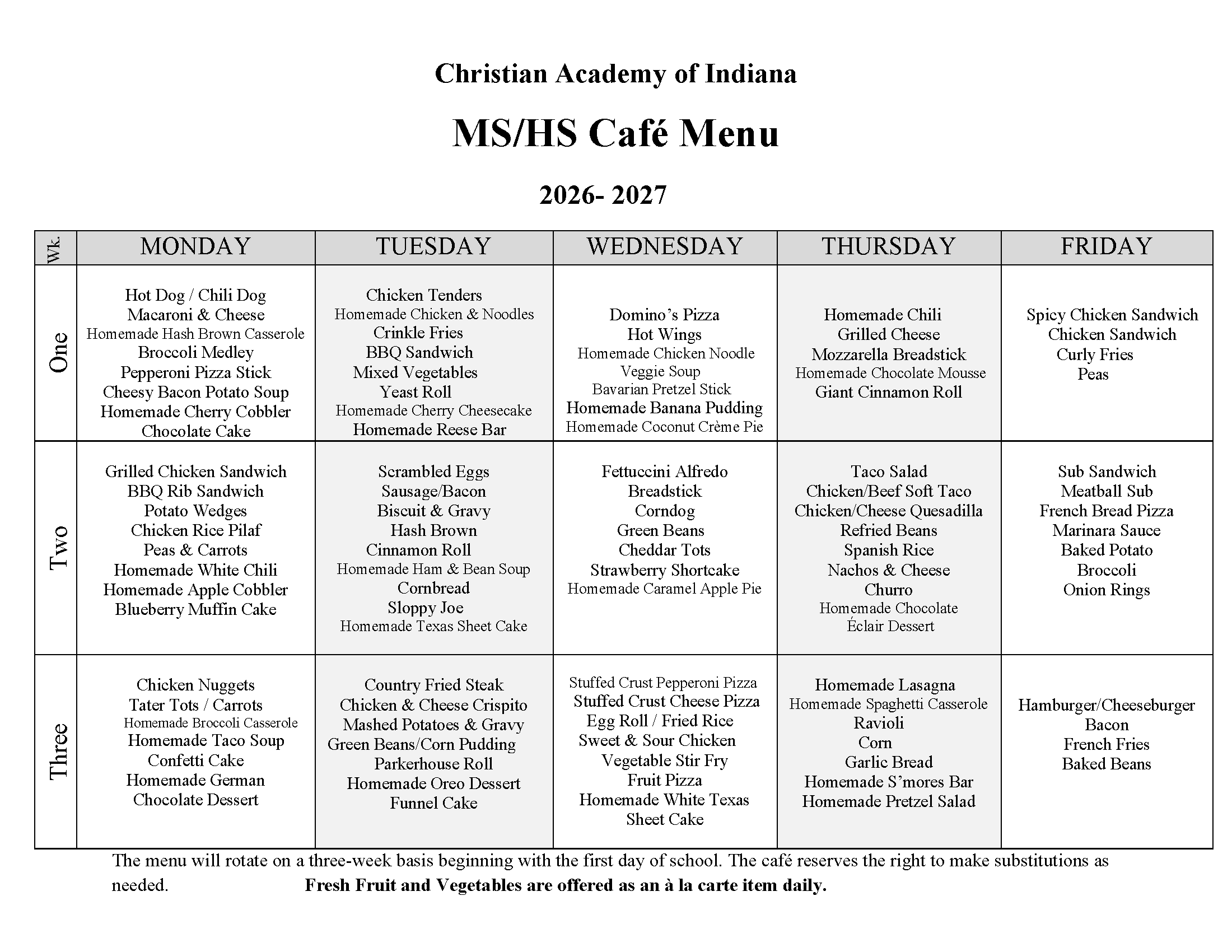 The Table - Christian Academy of Indiana High School / Middle School Cafe Menu 2026-2027