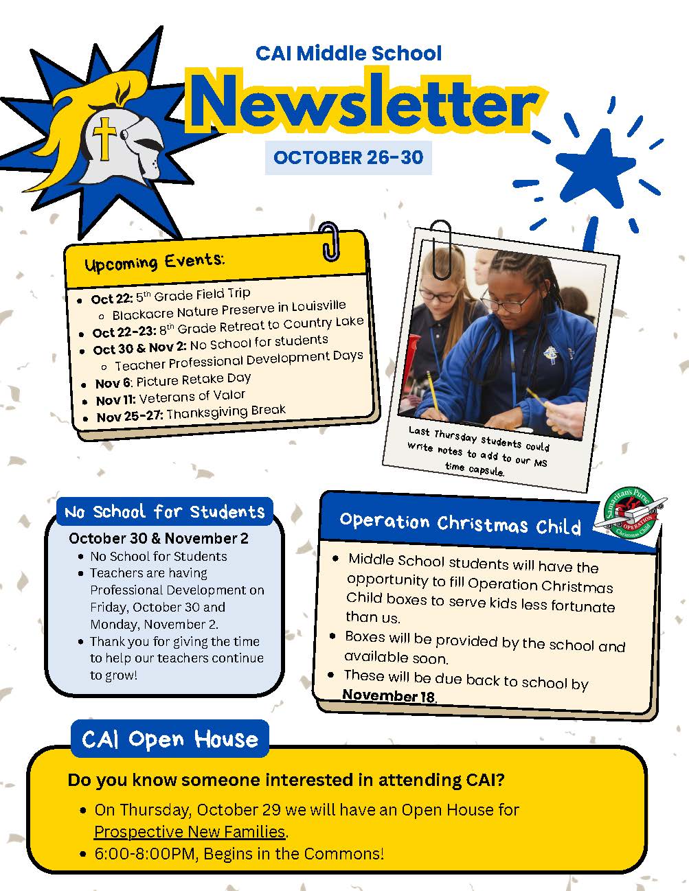 Christian Academy of Indiana Middle School Newsletter October 26-30