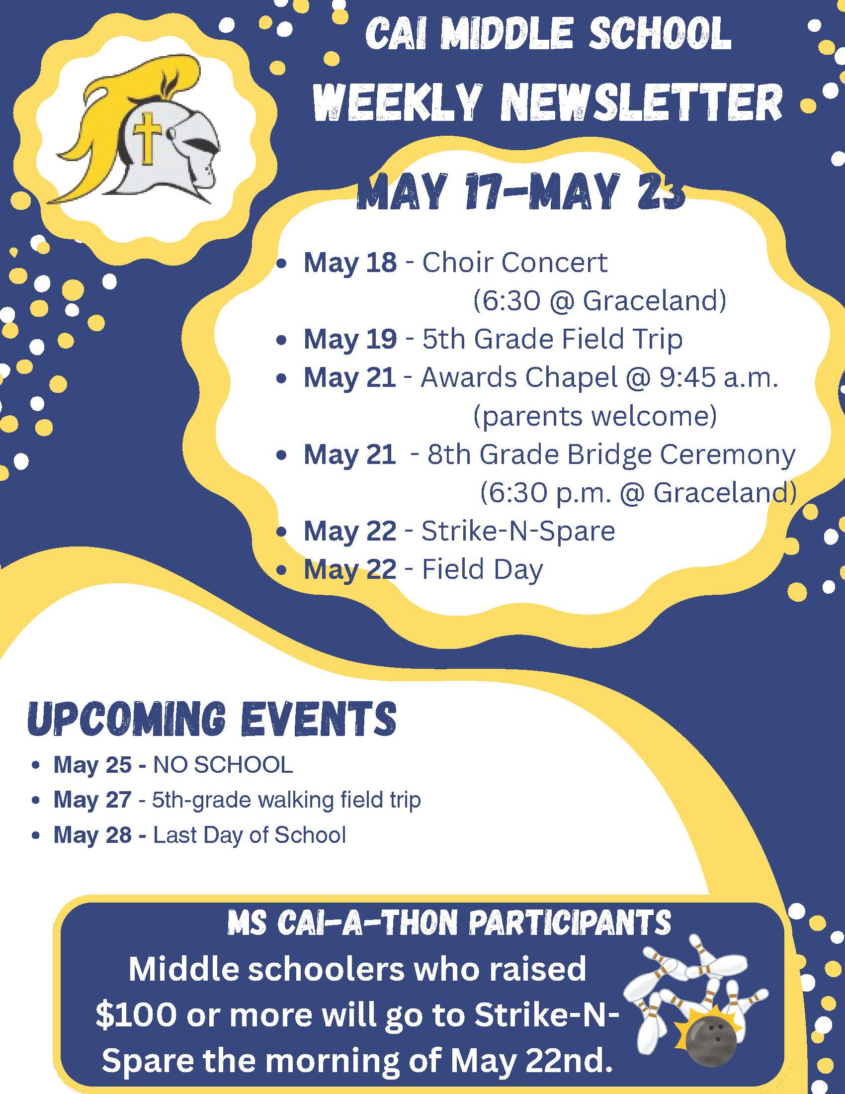 Christian Academy of Indiana Middle School Weekly Newsletter May 17-23