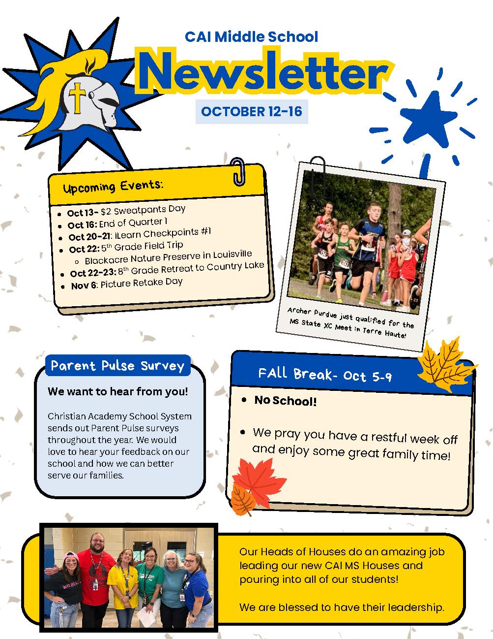 Christian Academy of Indiana Middle School Weekly Newsletter October 12-16