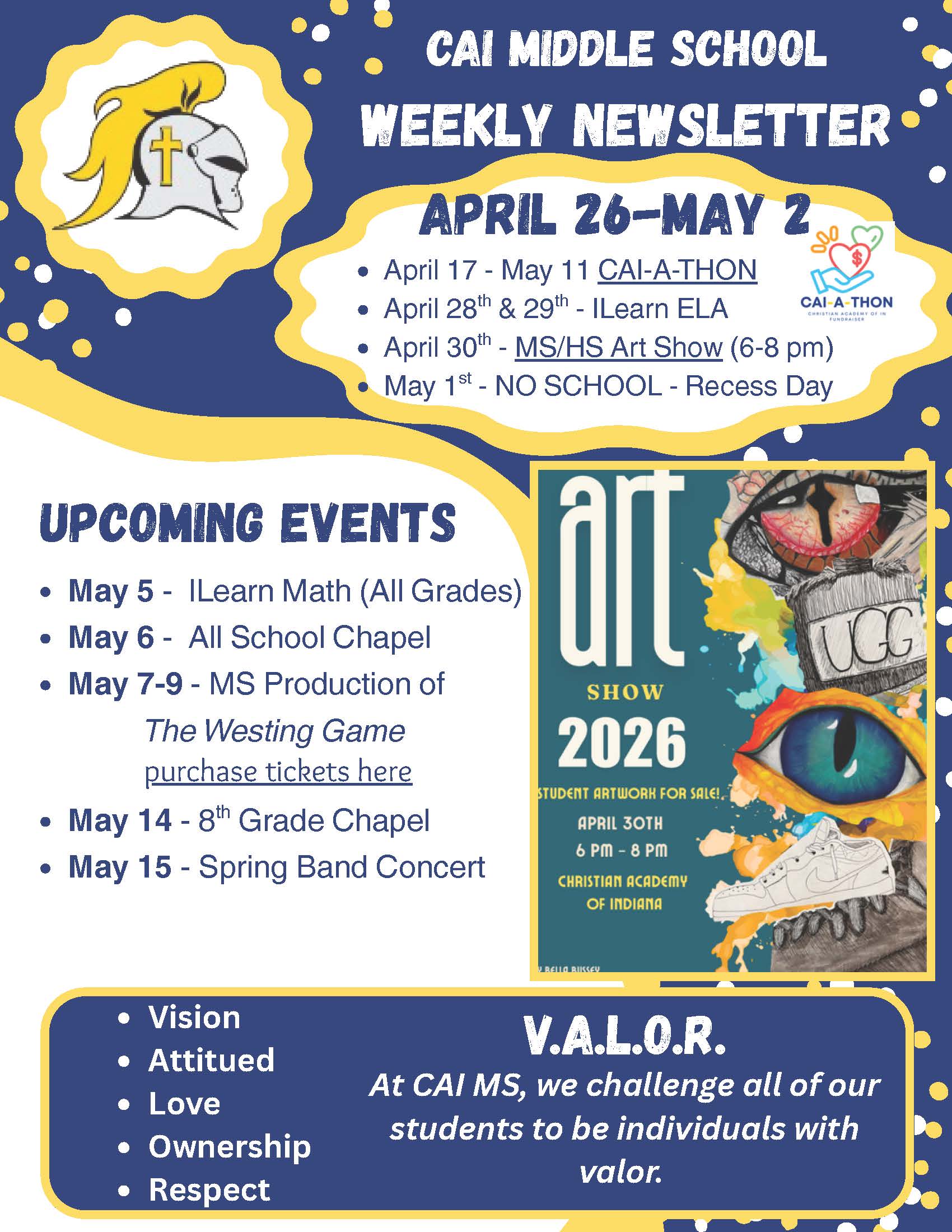 Christian Academy of Indiana Middle School Weekly Newsletter April 26 - May 2