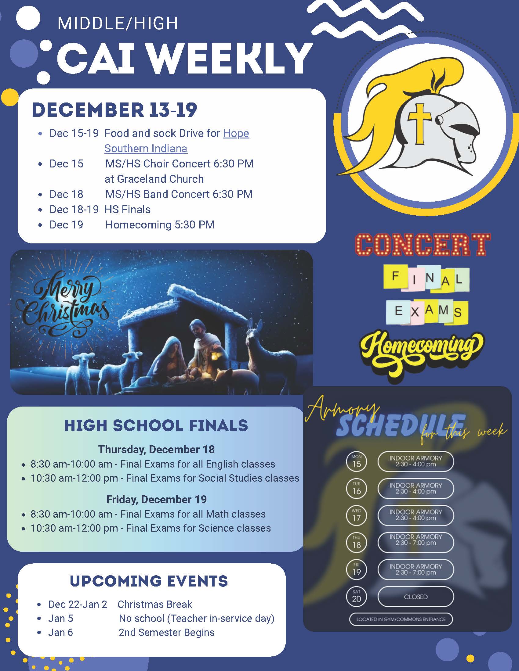 Christian Academy of Indiana High School / Middle School CAI Weekly December 13-19