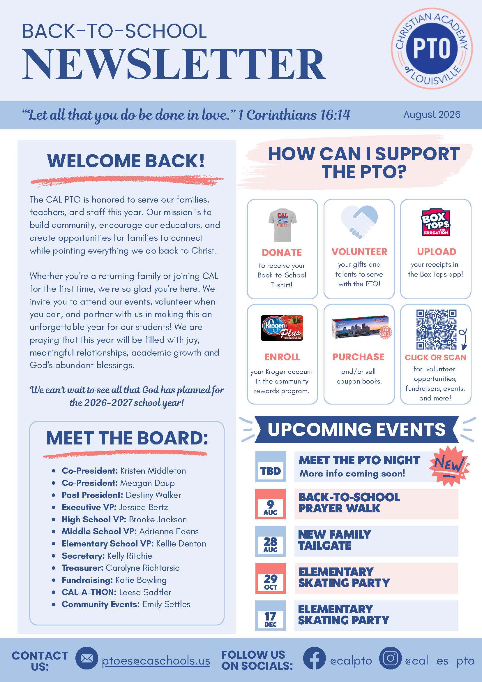 Christian Academy of Louisville PTO Newsletter Back-to-School August 2026