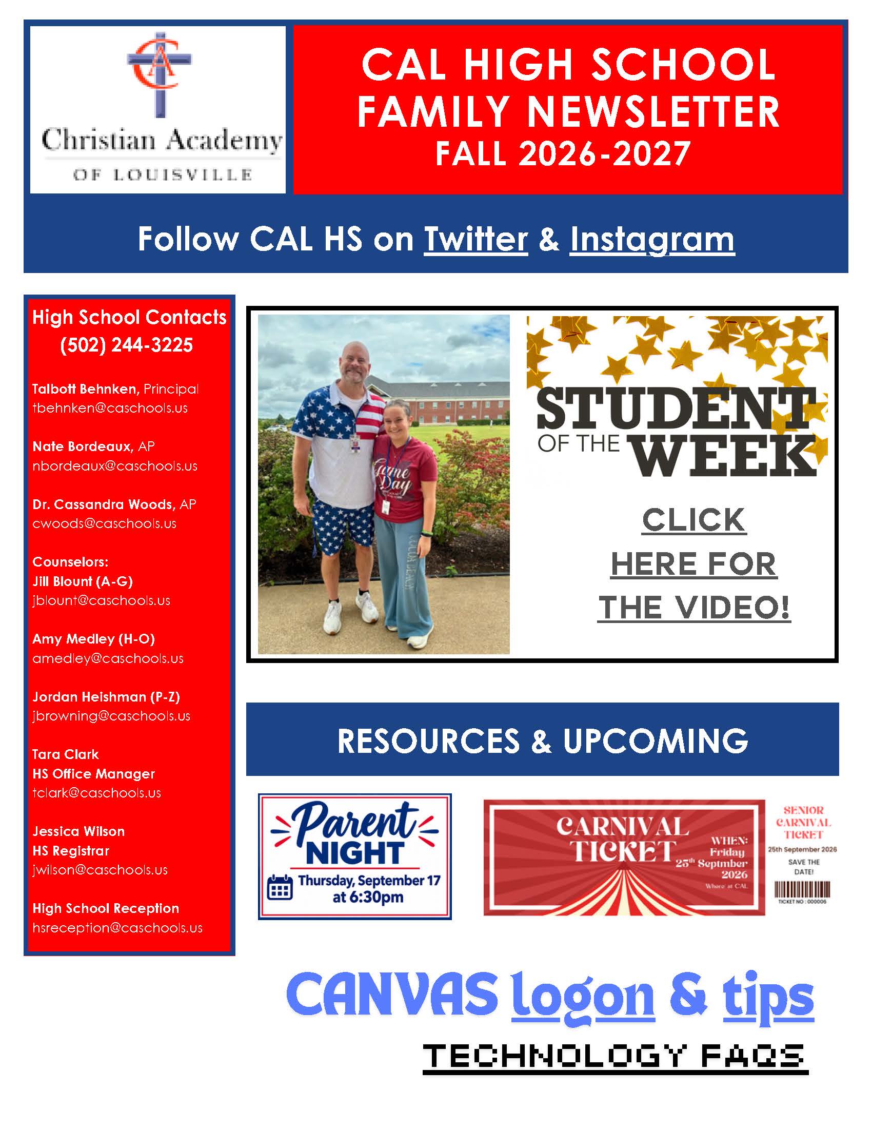 Christian Academy of Louisville High School Family Newsletter September 16